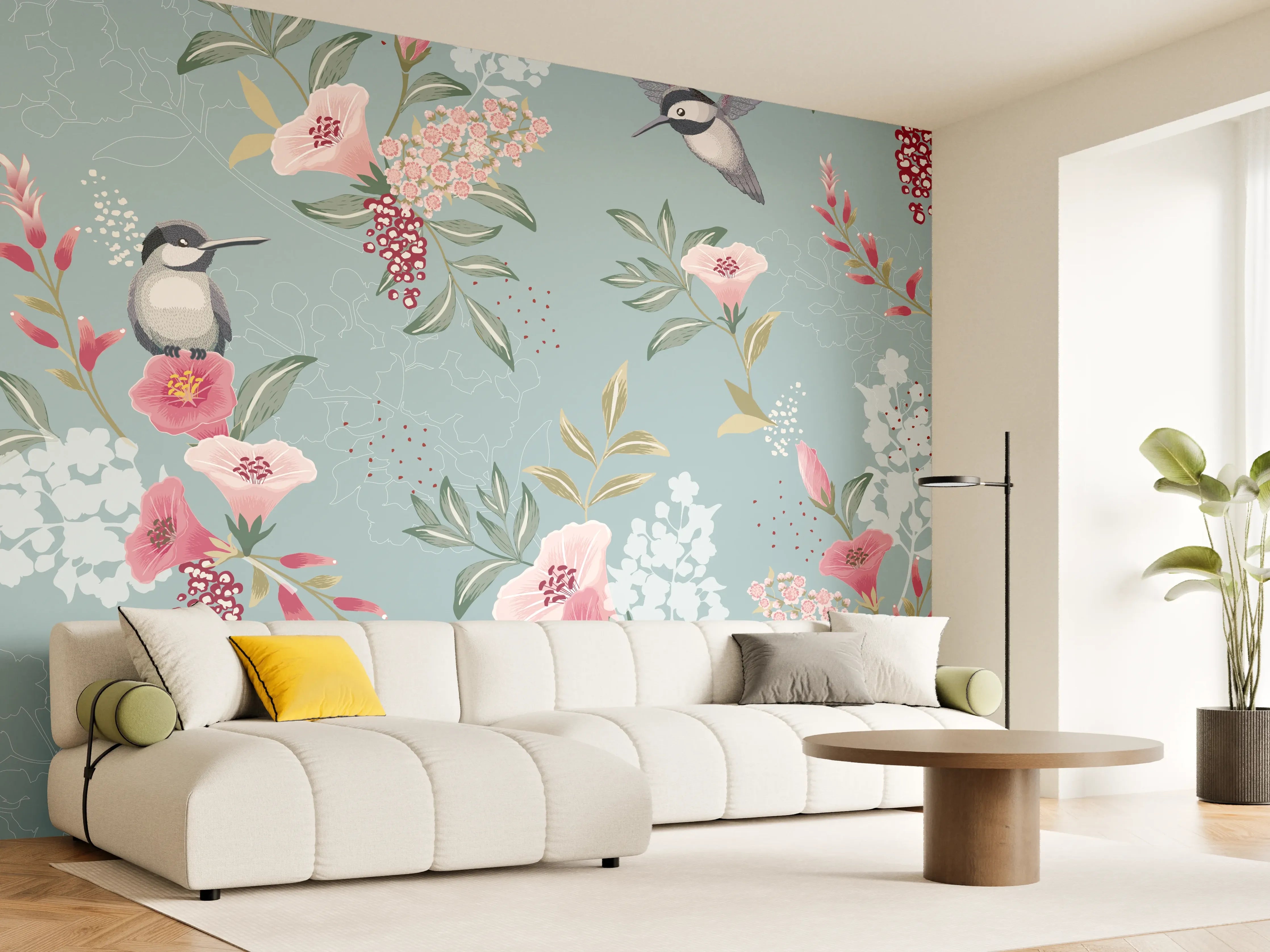 Wandverkleidung Wohnzimmer - Florales Muster mit Vögeln Pastell