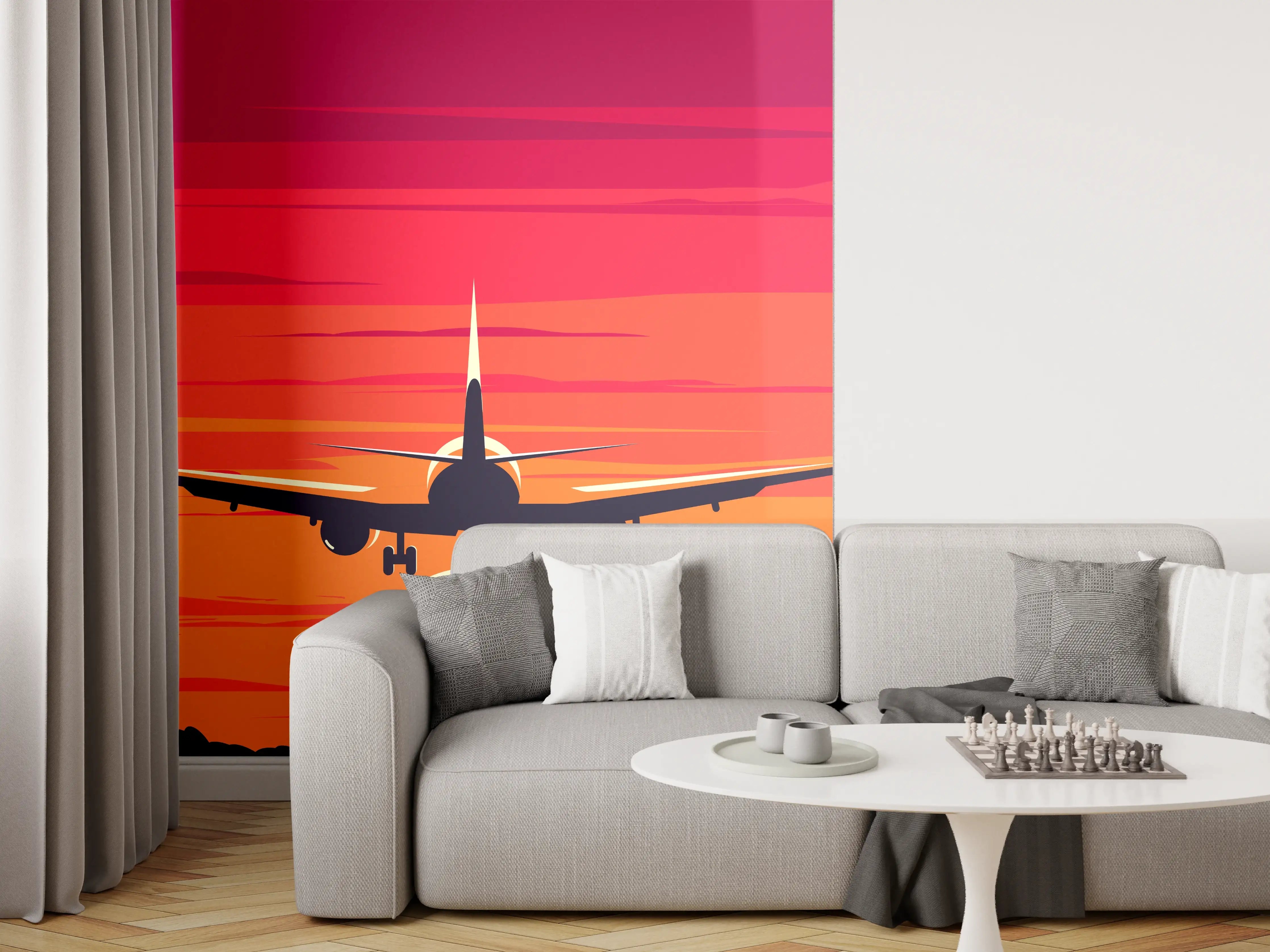 Wandverkleidung Wohnzimmer - Flugzeug im Sonnenuntergang