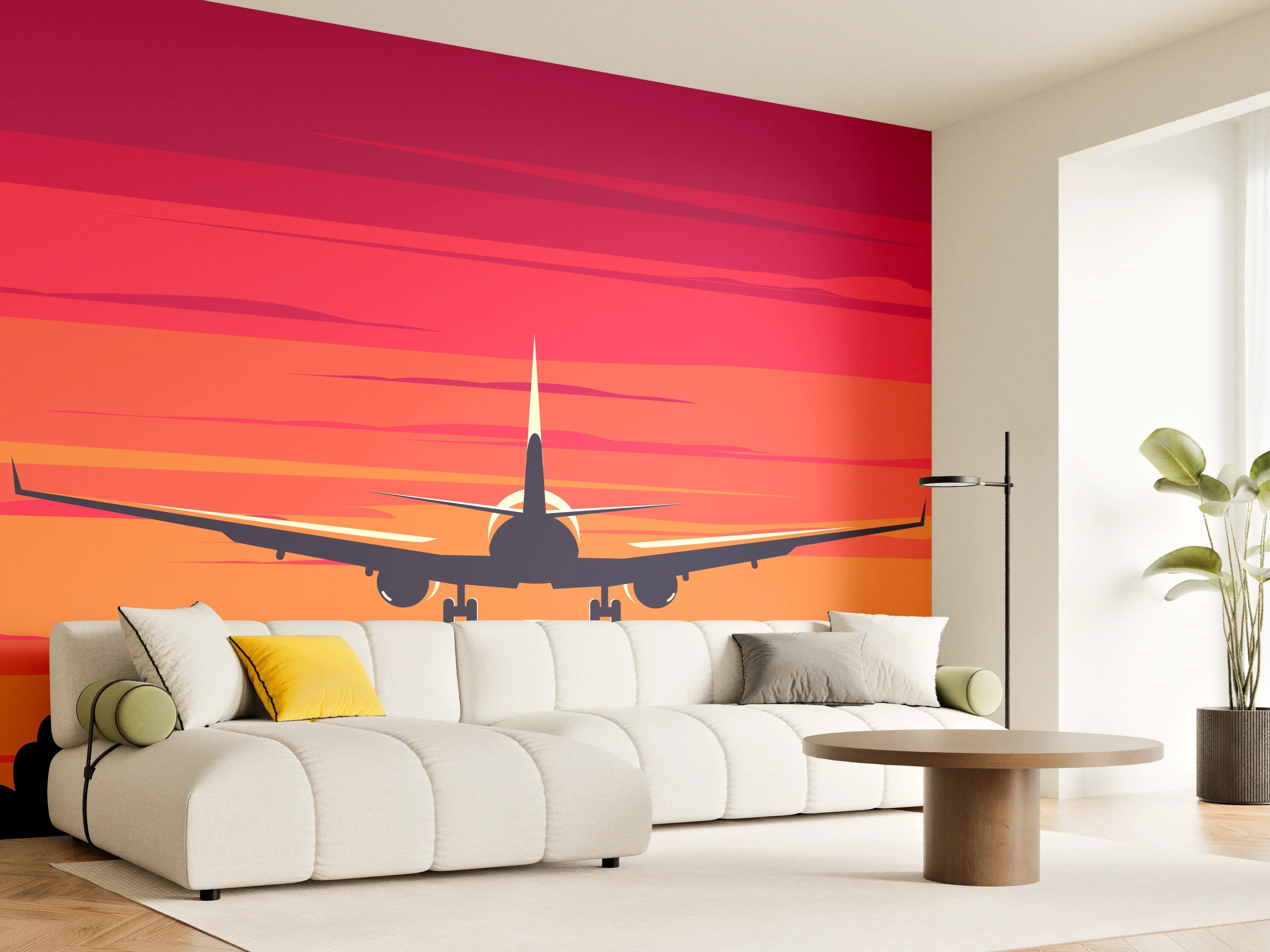 Wandverkleidung Wohnzimmer - Flugzeug im Sonnenuntergang