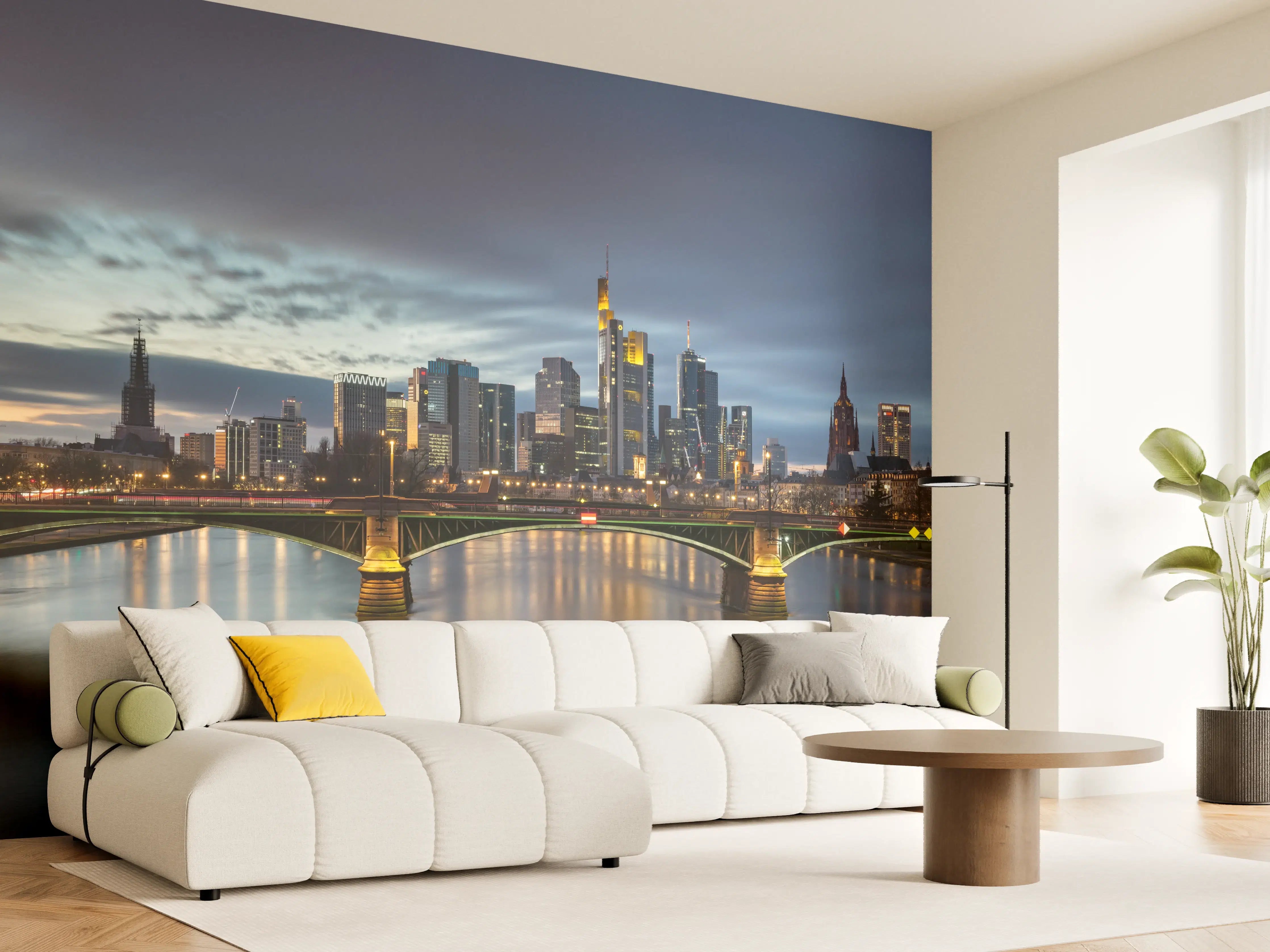 Wandverkleidung Wohnzimmer - Flussansicht in der Dämmerung von Frankfurt