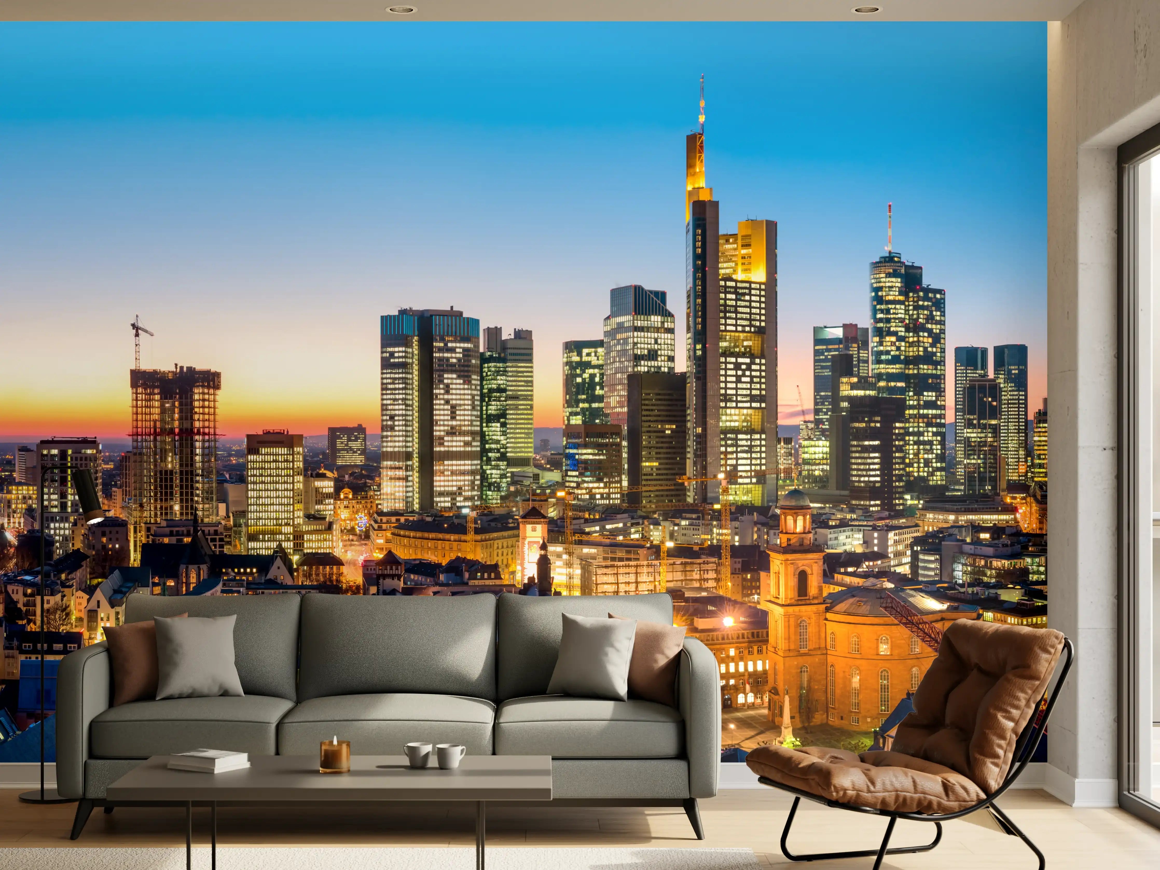 Wandverkleidung Wohnzimmer - Frankfurt Skyline Dämmerung