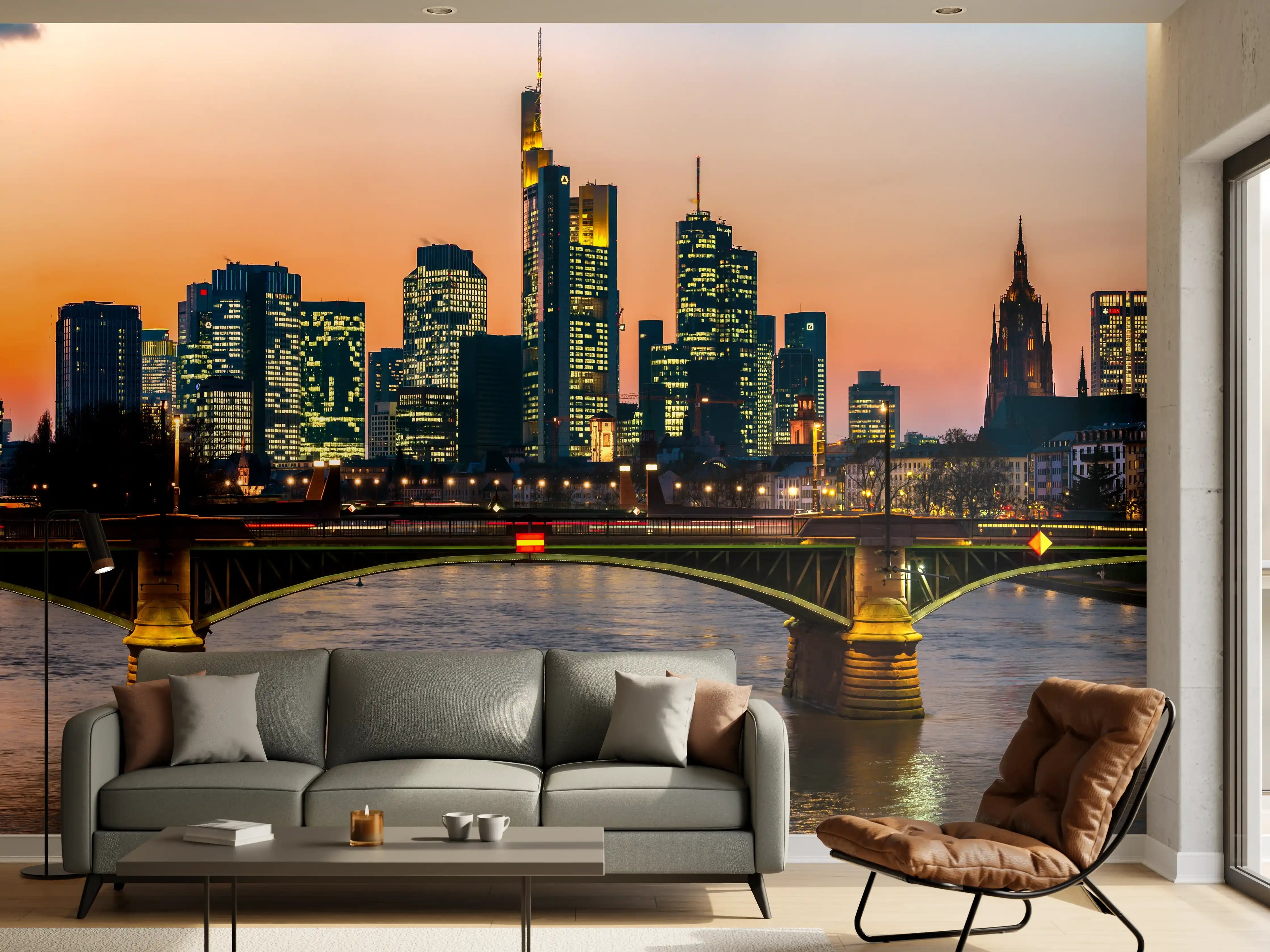 Wandverkleidung Wohnzimmer - Frankfurt Skyline Sonnenuntergang