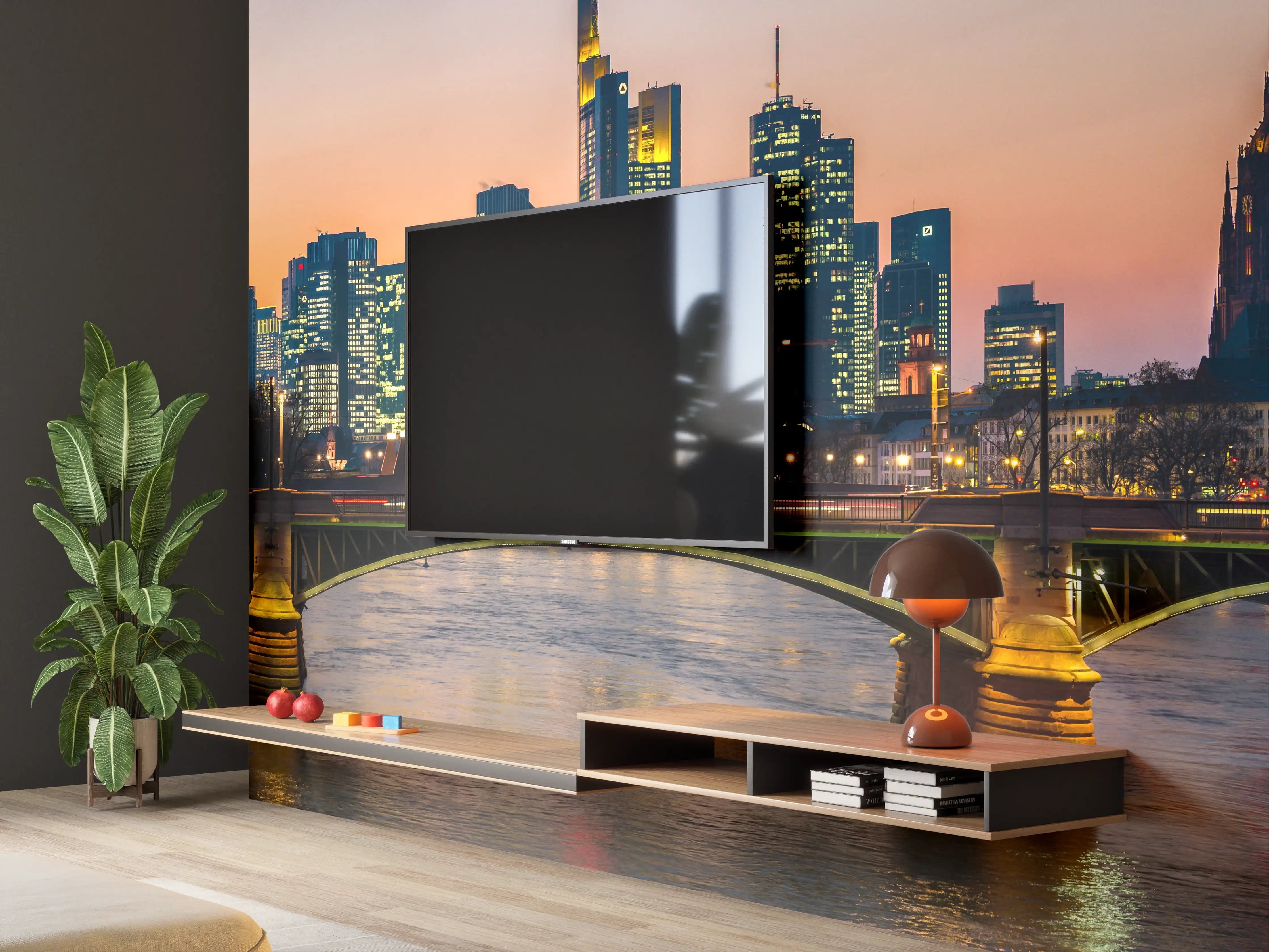 Wandverkleidung Wohnzimmer - Frankfurt Skyline Sonnenuntergang