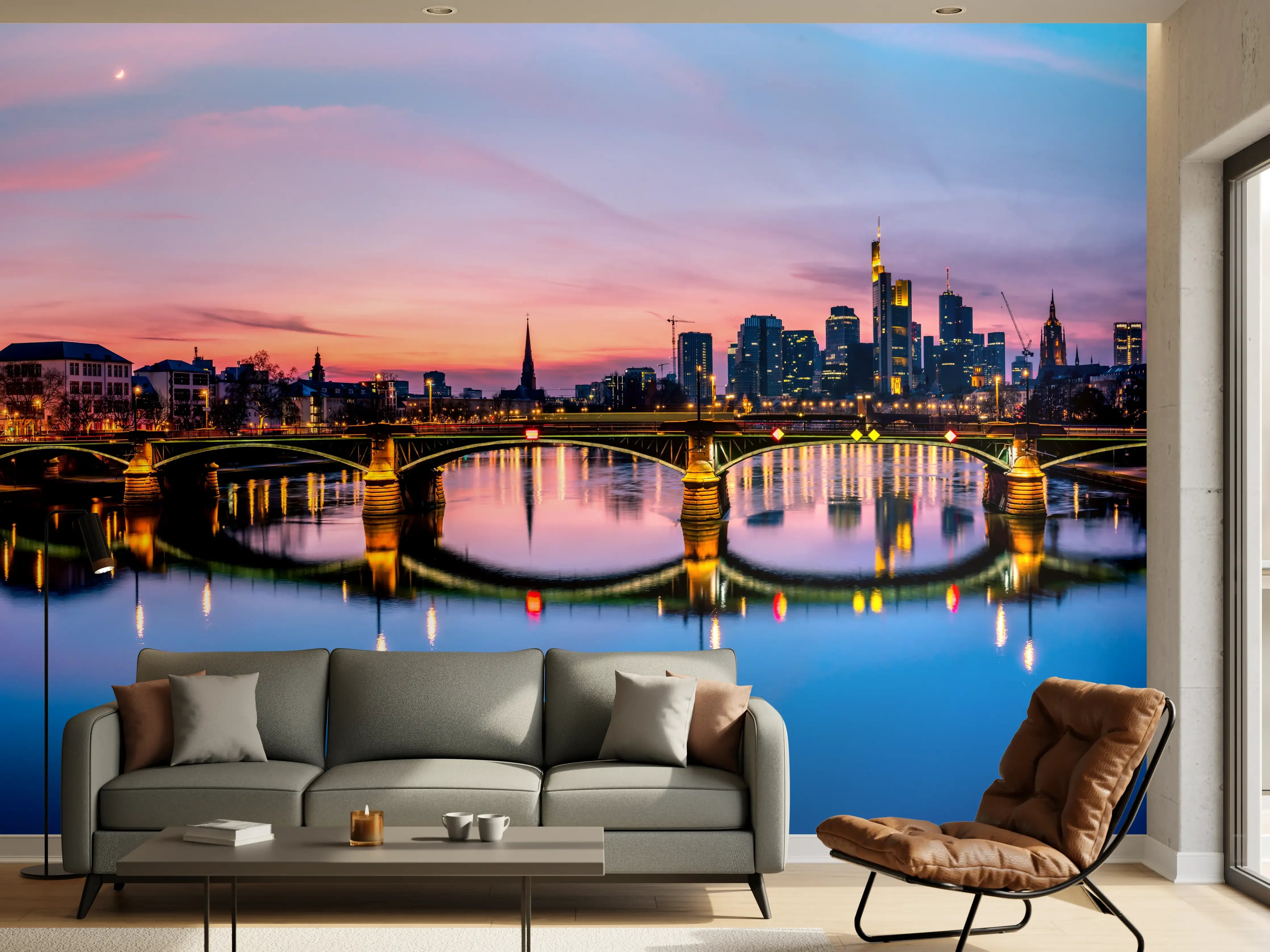 Wandverkleidung Wohnzimmer - Frankfurt Skyline Wasserspiegelung