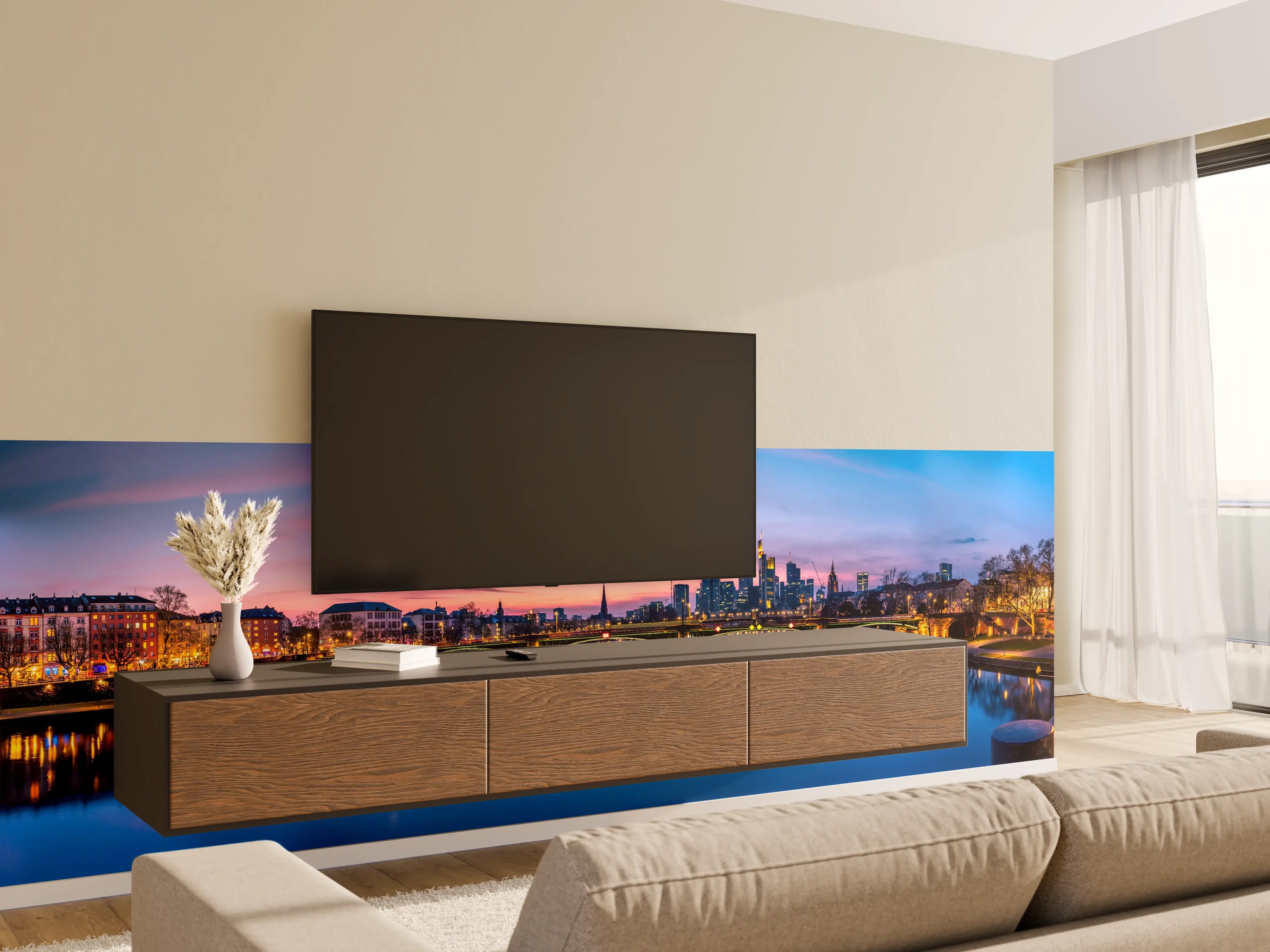 Wandverkleidung Wohnzimmer - Frankfurt Skyline Wasserspiegelung