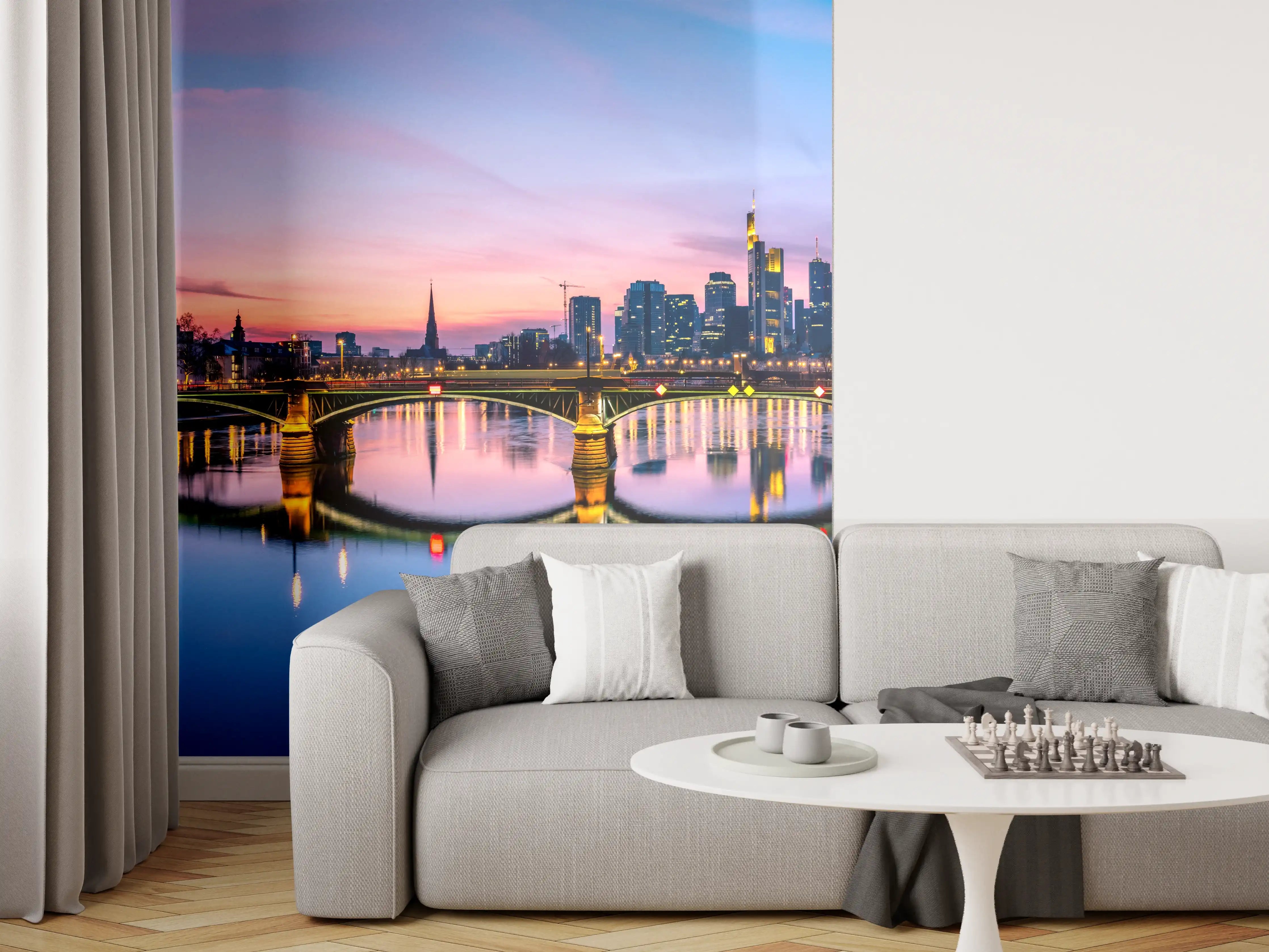 Wandverkleidung Wohnzimmer - Frankfurt Skyline Wasserspiegelung