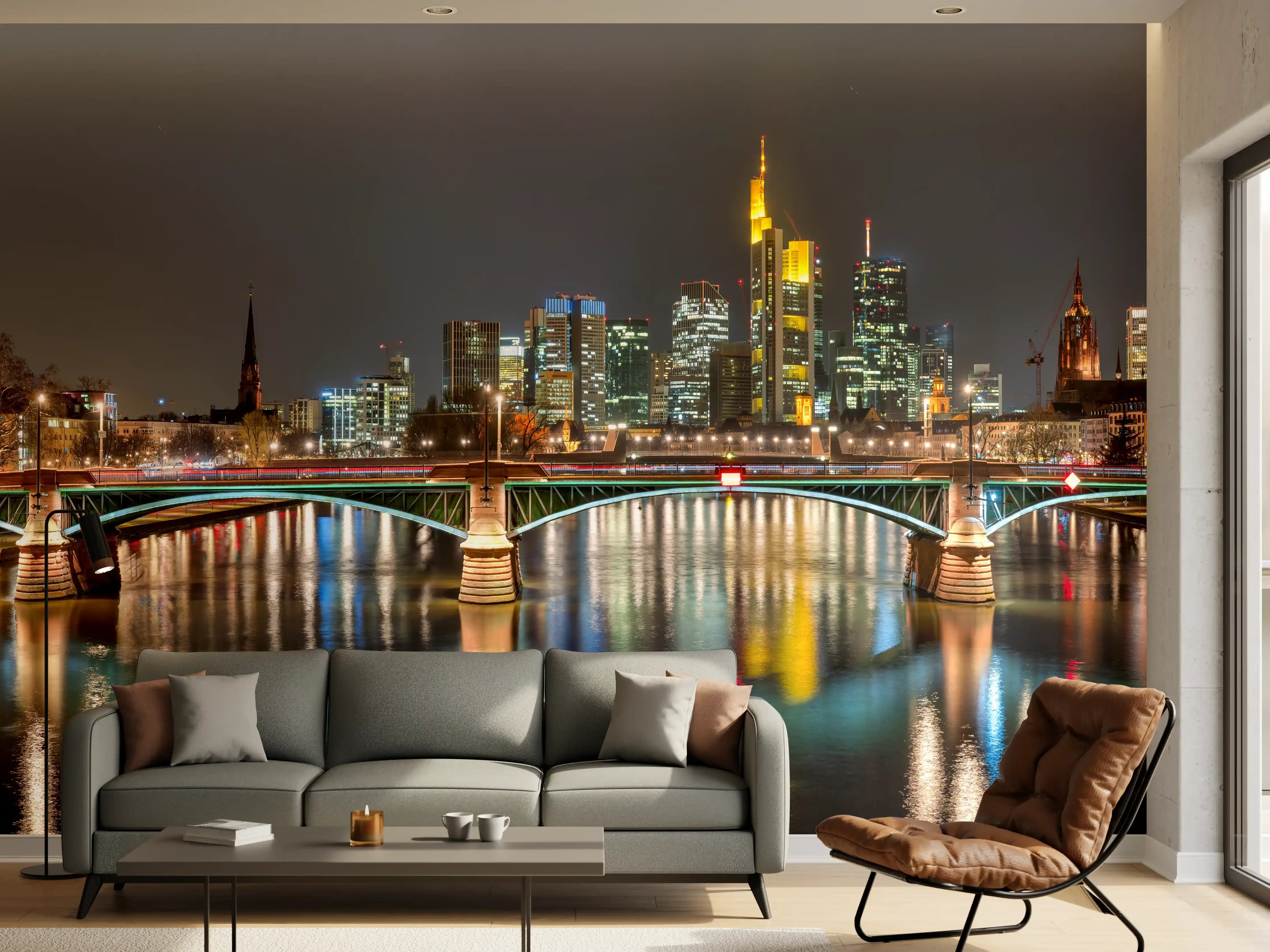 Wandverkleidung Wohnzimmer - Frankfurt Skyline bei Nacht