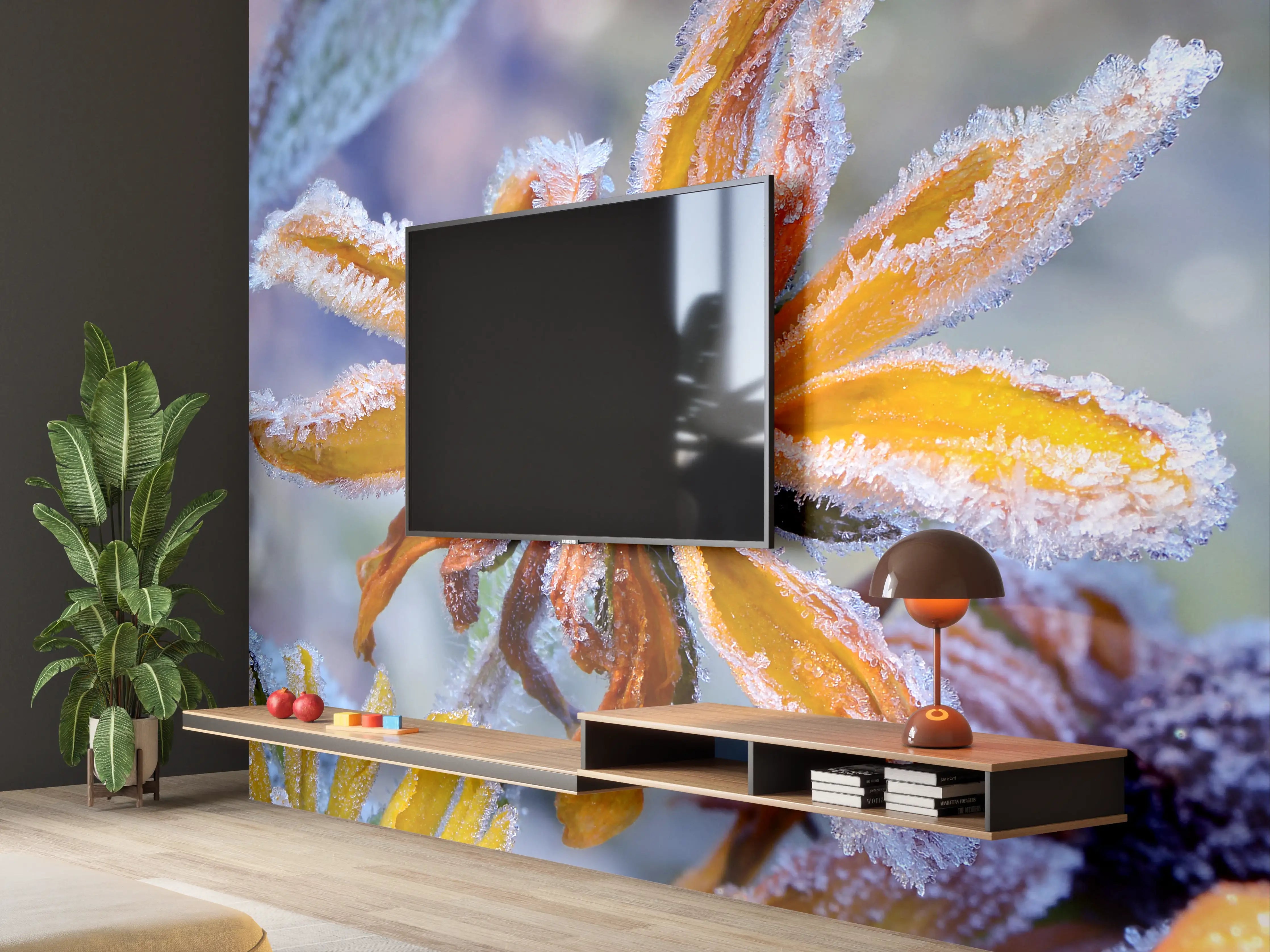 Wandverkleidung Wohnzimmer - Frostbedeckte Winterblumen im Morgengrauen