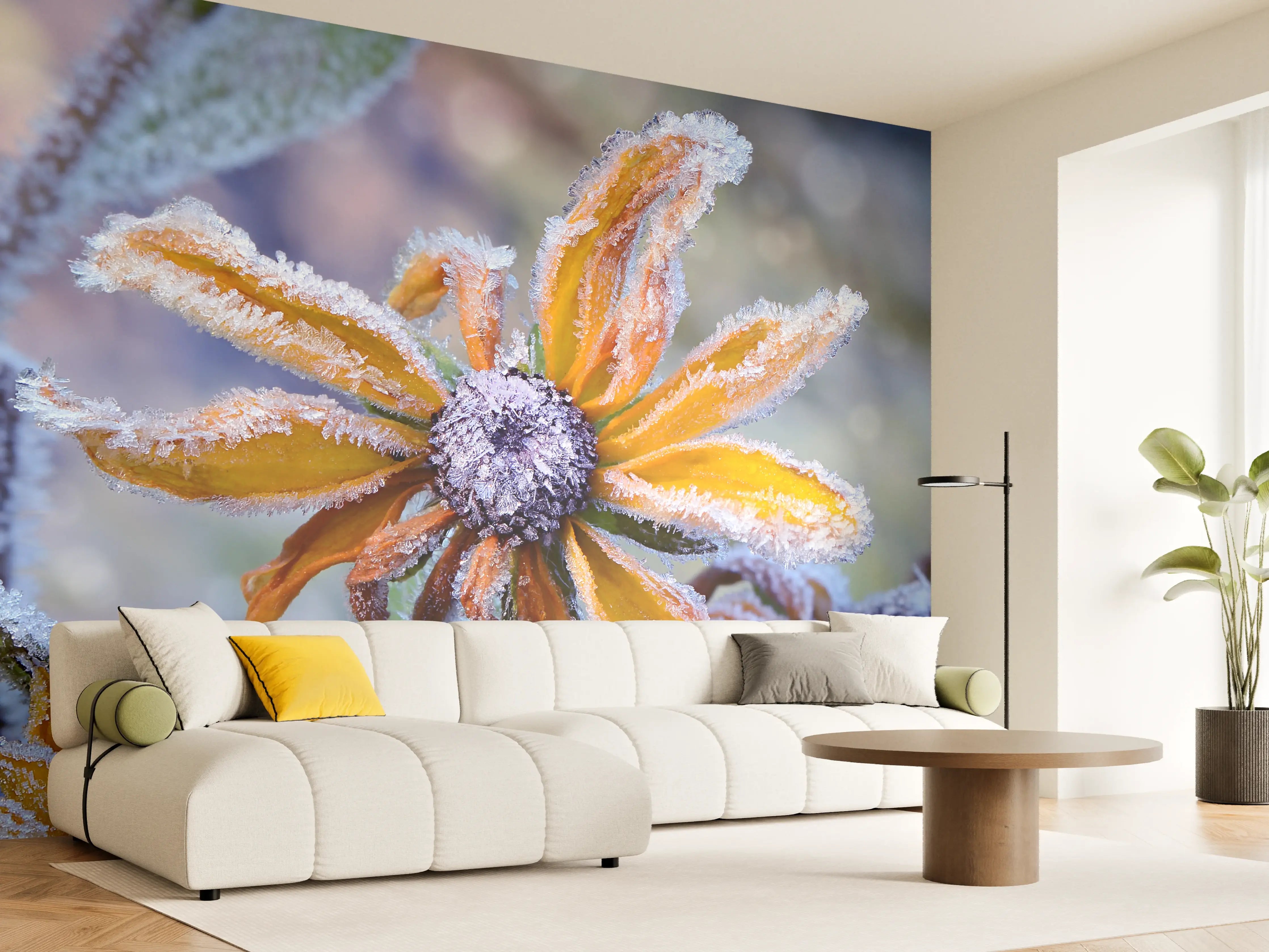 Wandverkleidung Wohnzimmer - Frostbedeckte Winterblumen im Morgengrauen