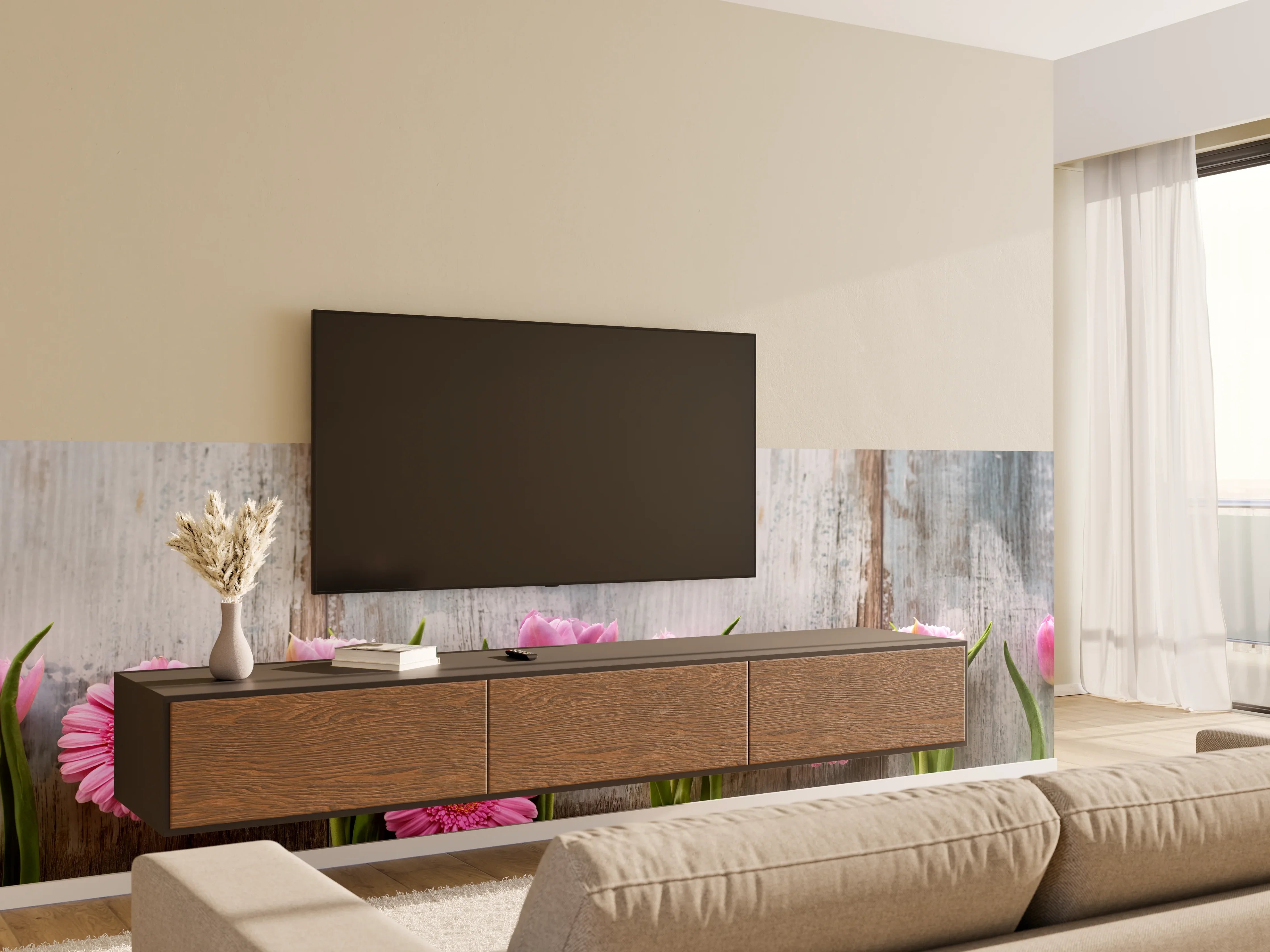 Wandverkleidung Wohnzimmer - Frühlingsblumen auf schäbigem Holz