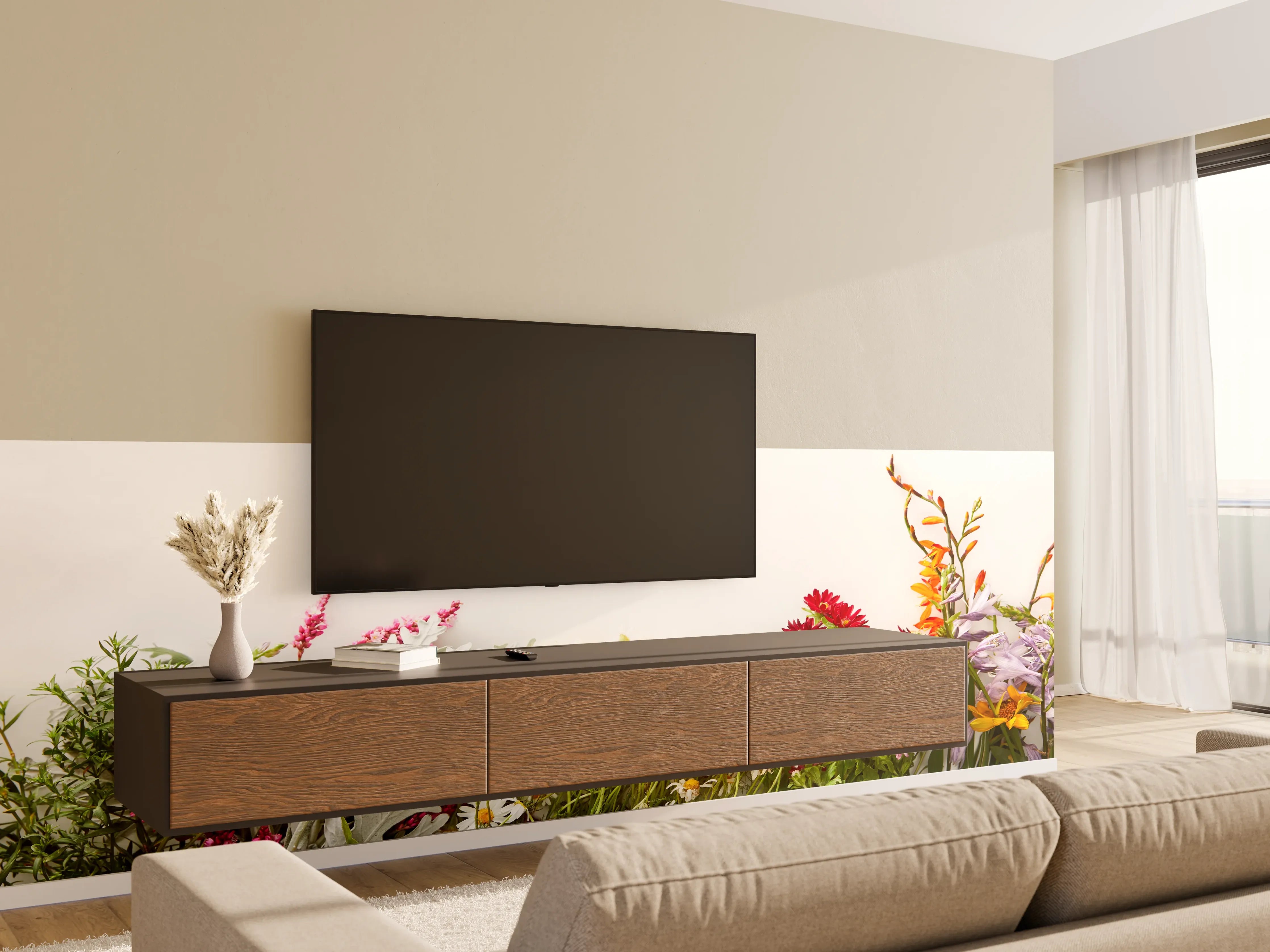 Wandverkleidung Wohnzimmer - Frühlingserwachen mit bunten Wildblumen