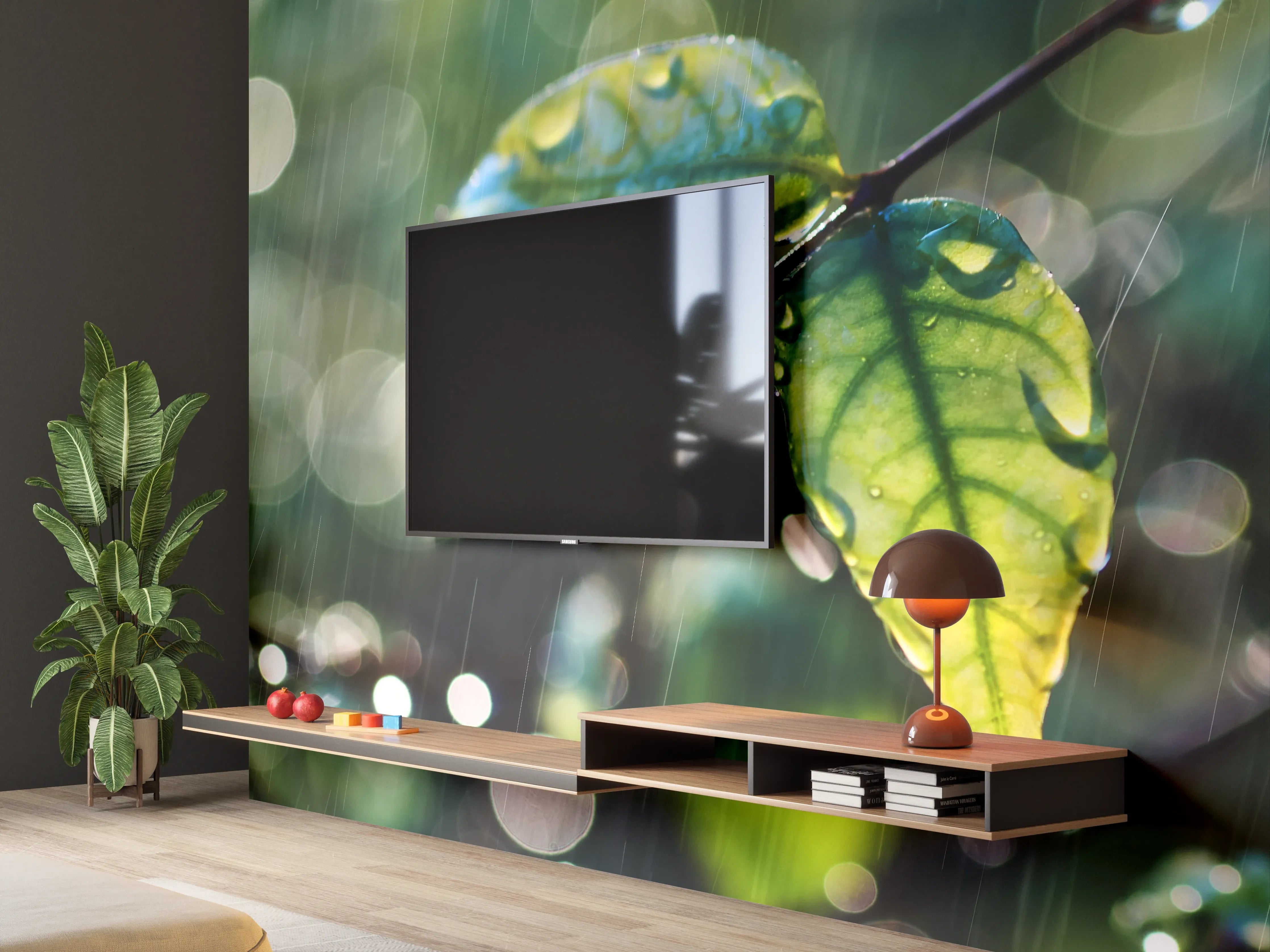 Wandverkleidung Wohnzimmer - Frühlingshafte Blätter im Regen