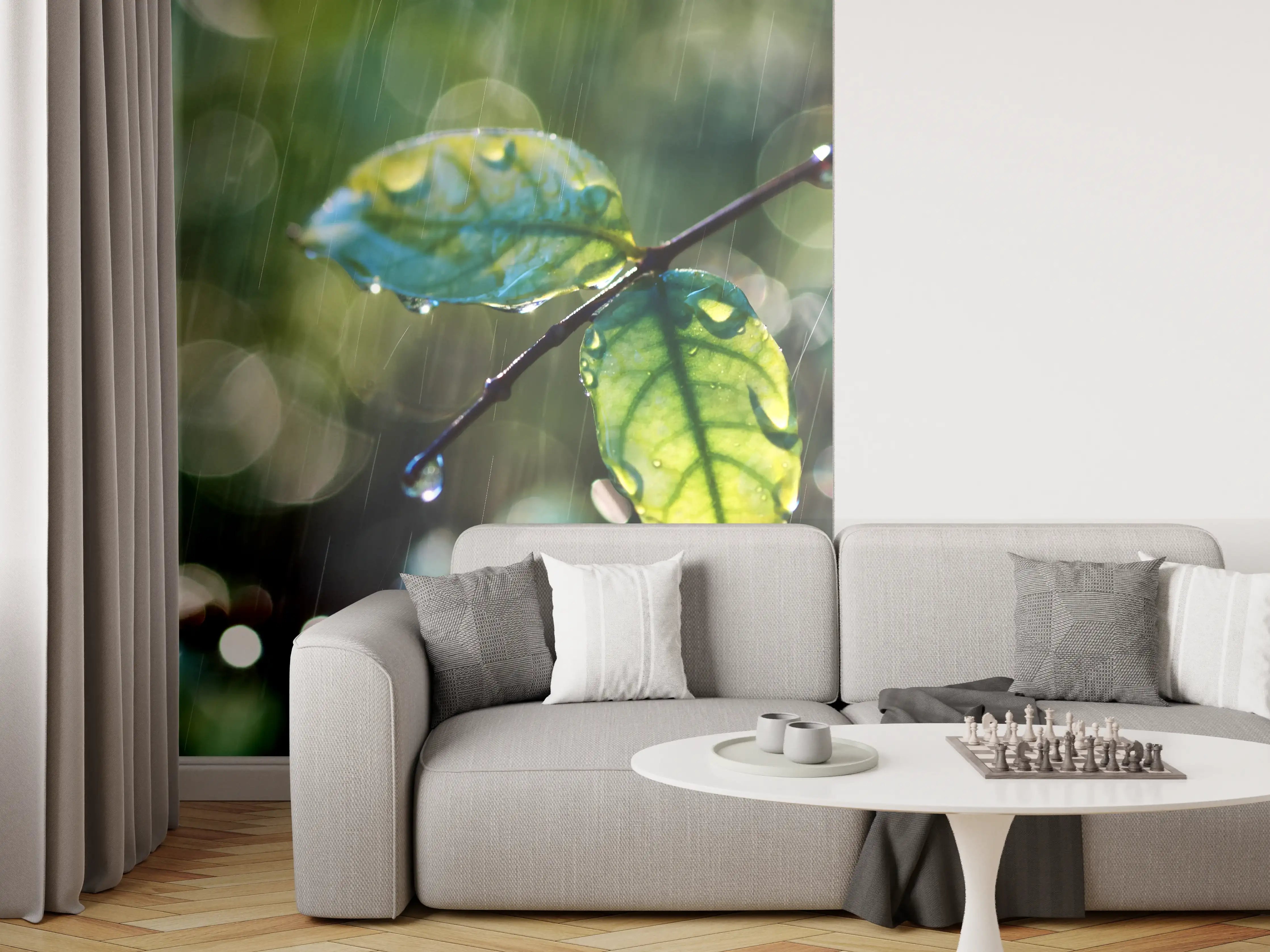 Wandverkleidung Wohnzimmer - Frühlingshafte Blätter im Regen