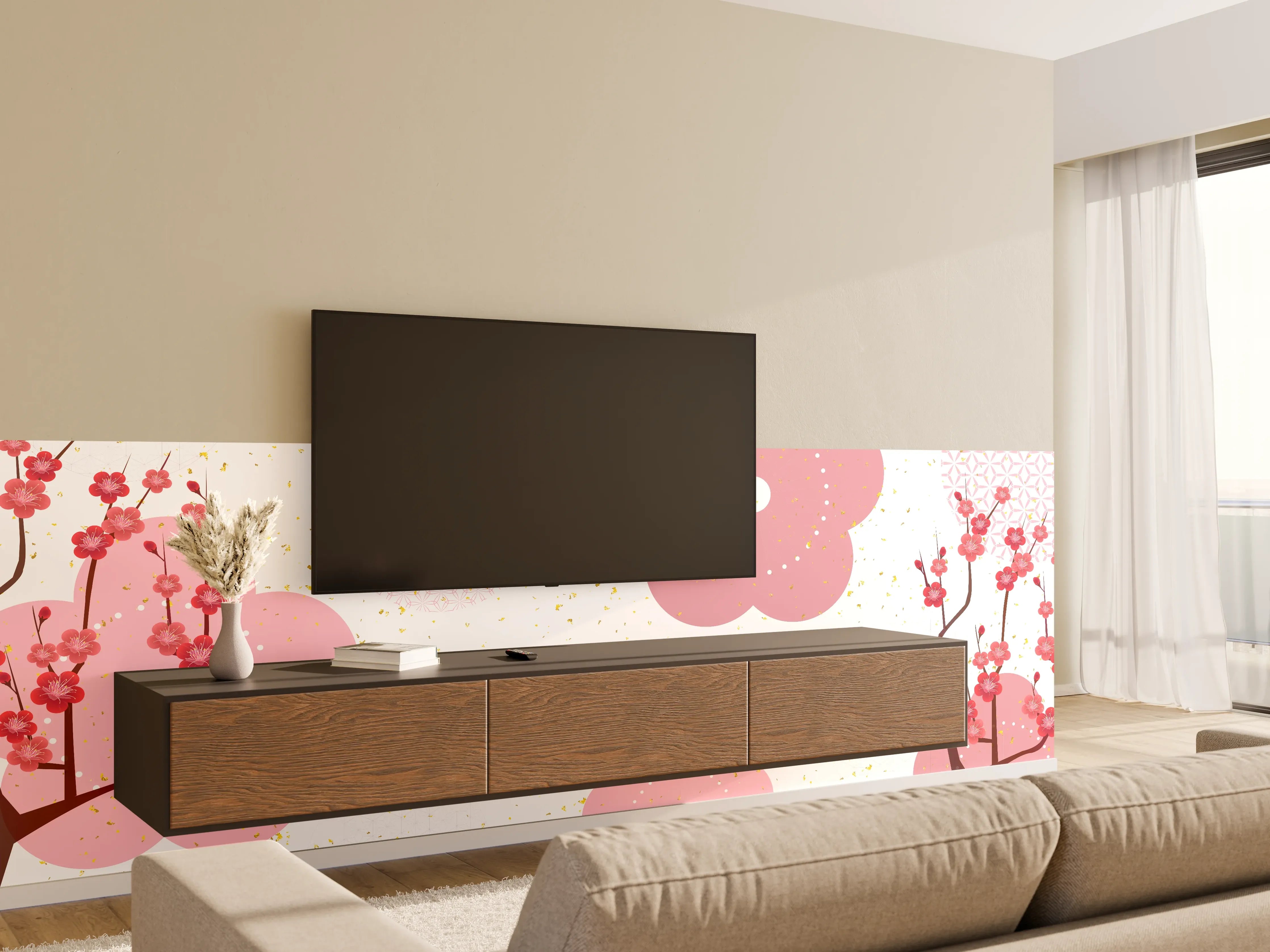 Wandverkleidung Wohnzimmer - Frühlingshaftes Kirschblüten-Design