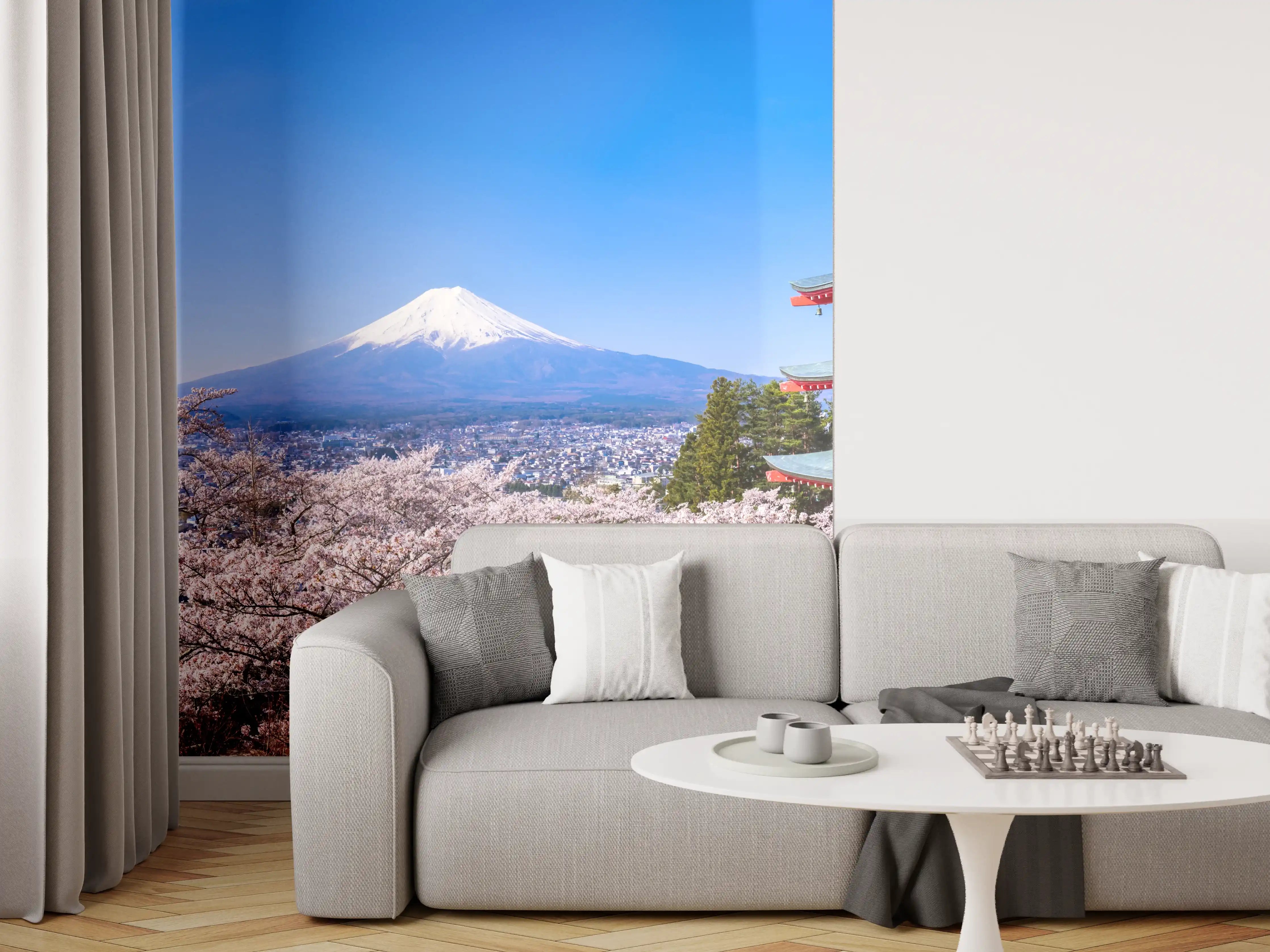 Wandverkleidung Wohnzimmer - Fuji und Pagode im Kirschblütenmeer