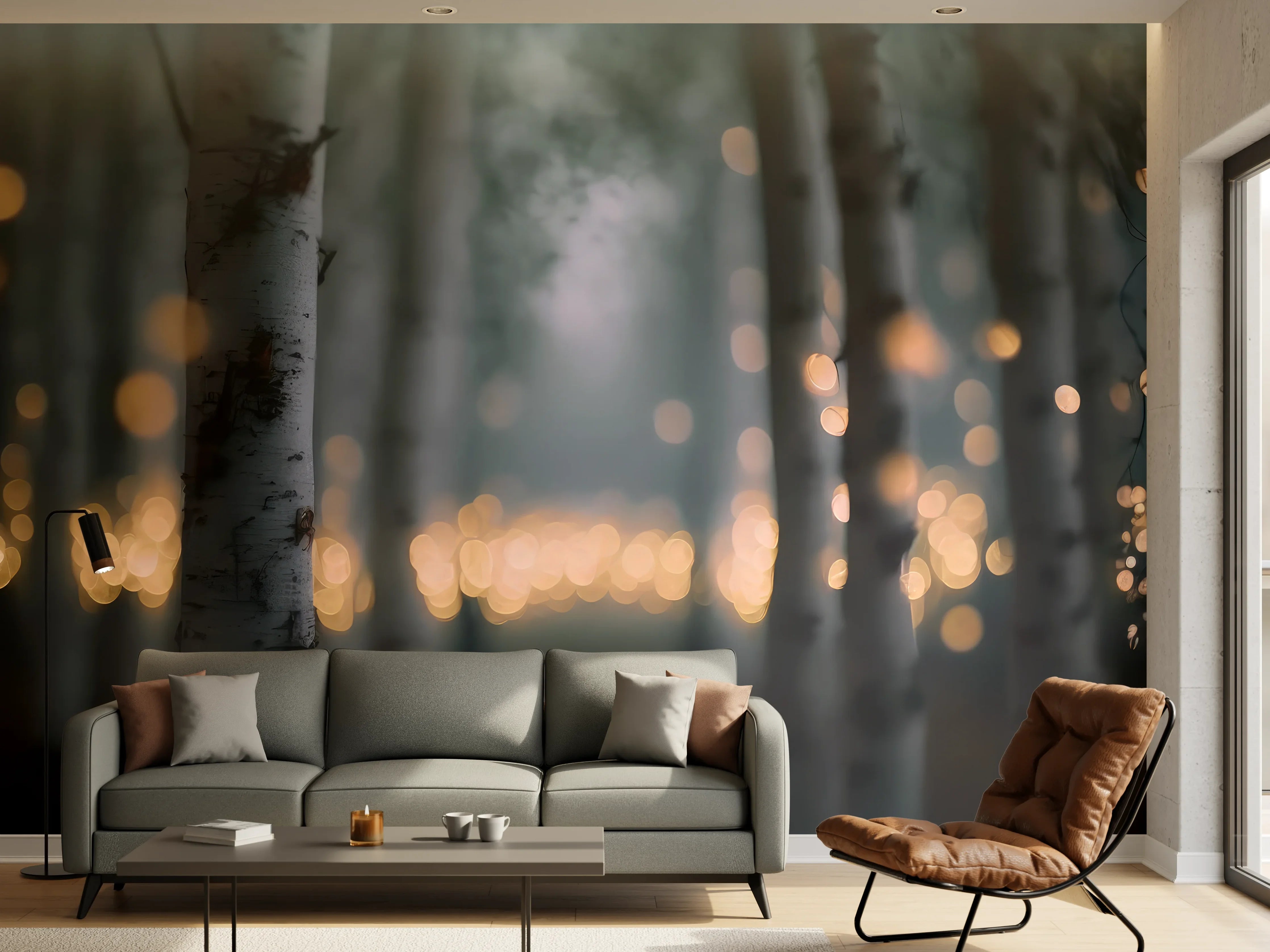 Wandverkleidung Wohnzimmer - Funkelnder Birkenwald