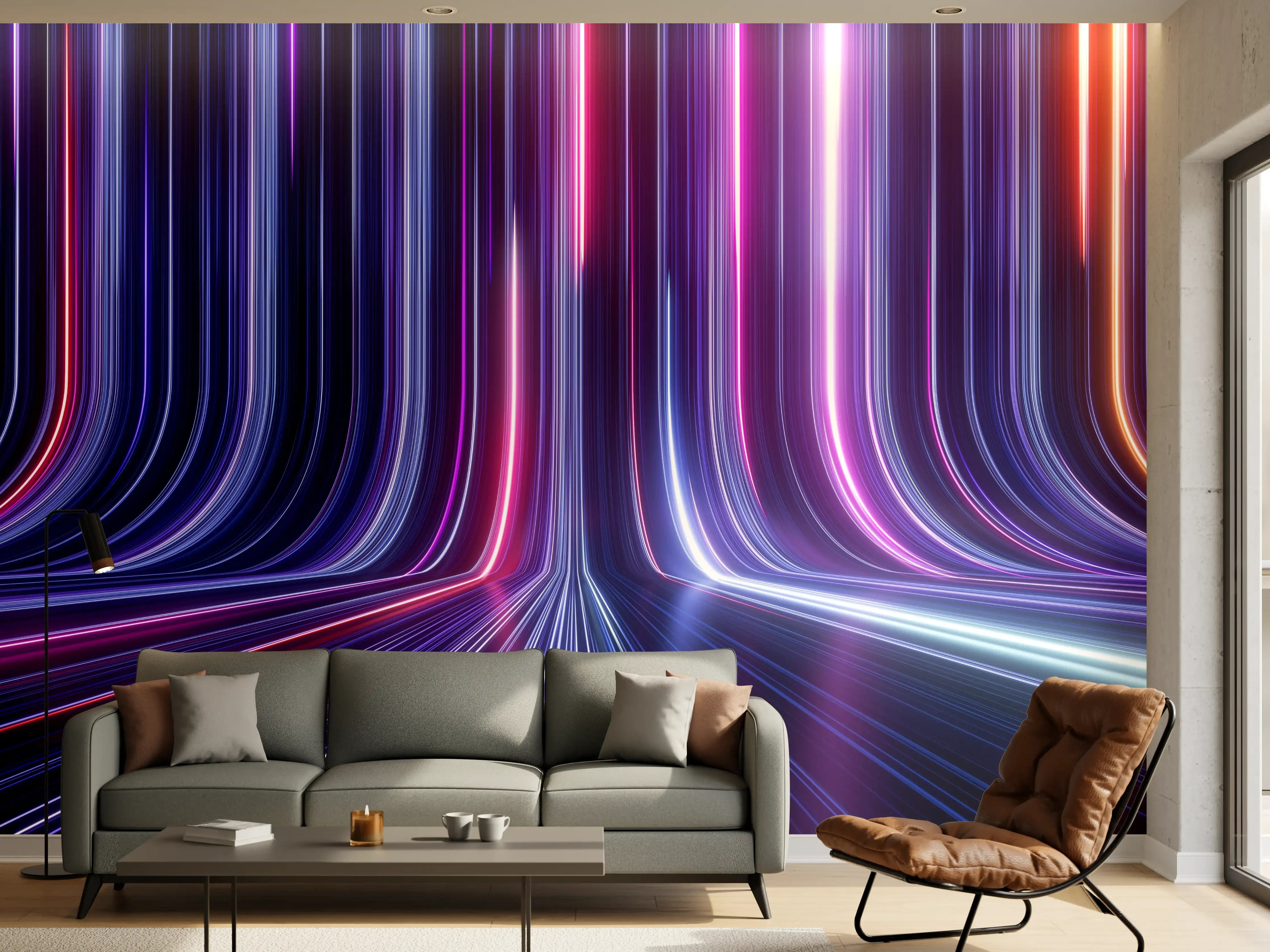 Wandverkleidung Wohnzimmer - Futuristische Lichterwelt in Neonfarben