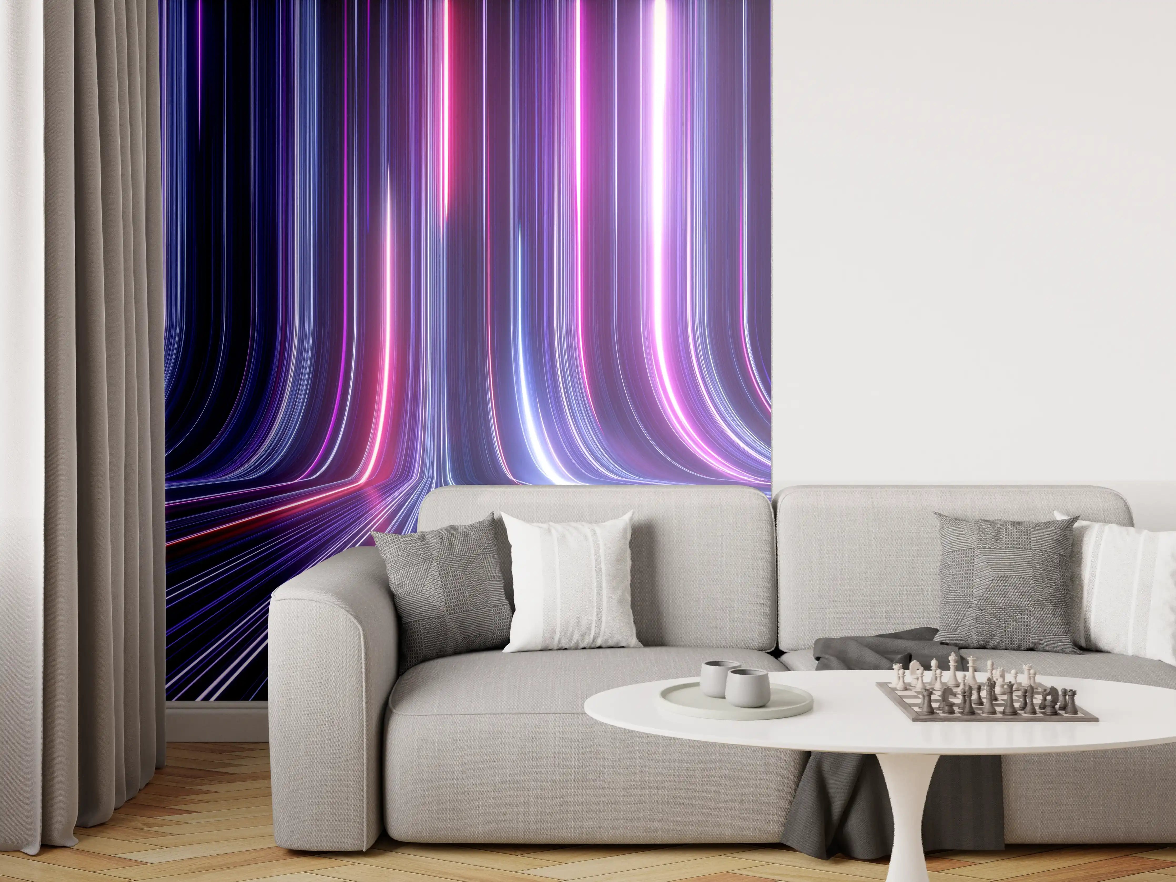 Wandverkleidung Wohnzimmer - Futuristische Lichterwelt in Neonfarben
