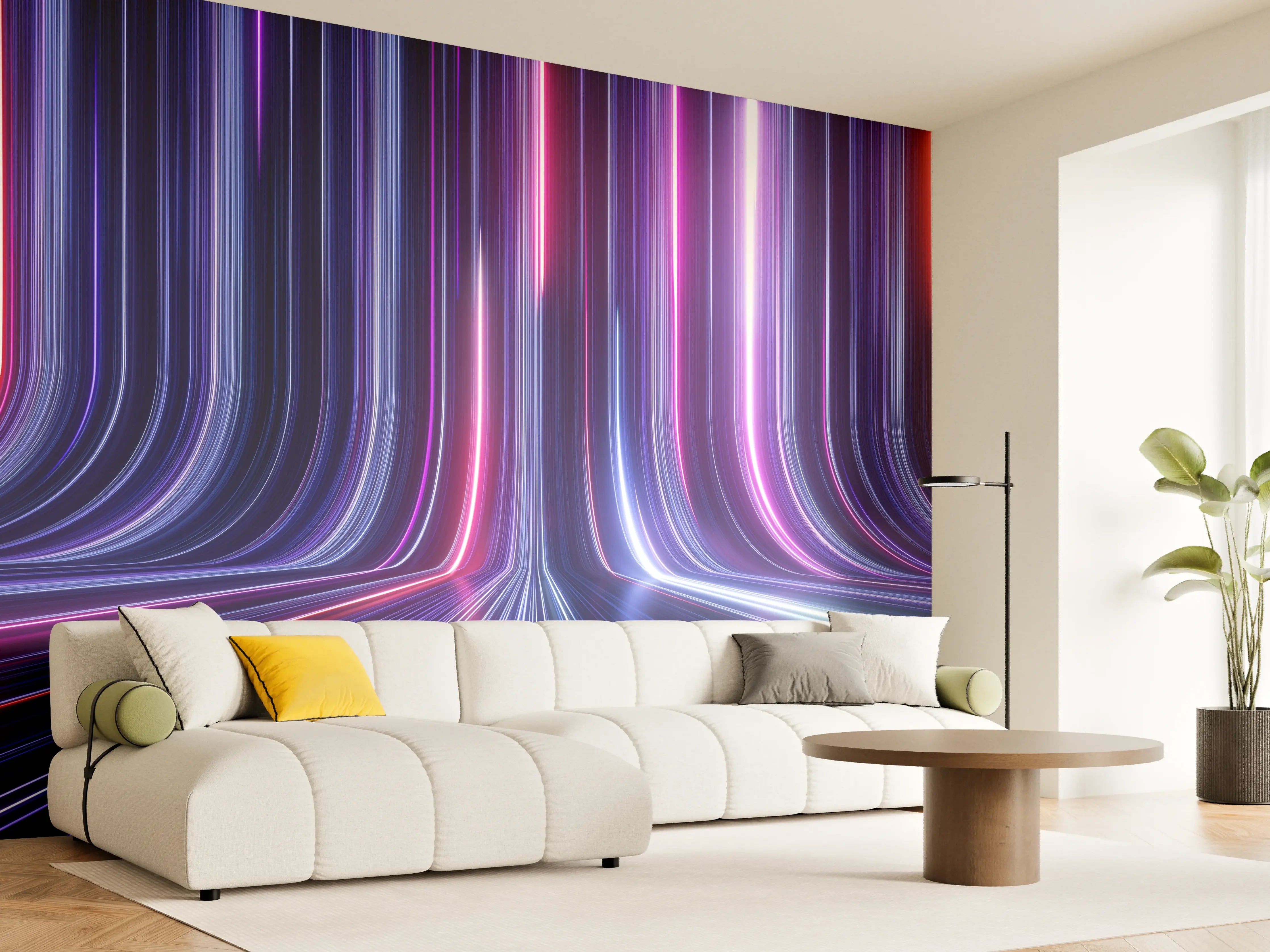 Wandverkleidung Wohnzimmer - Futuristische Lichterwelt in Neonfarben