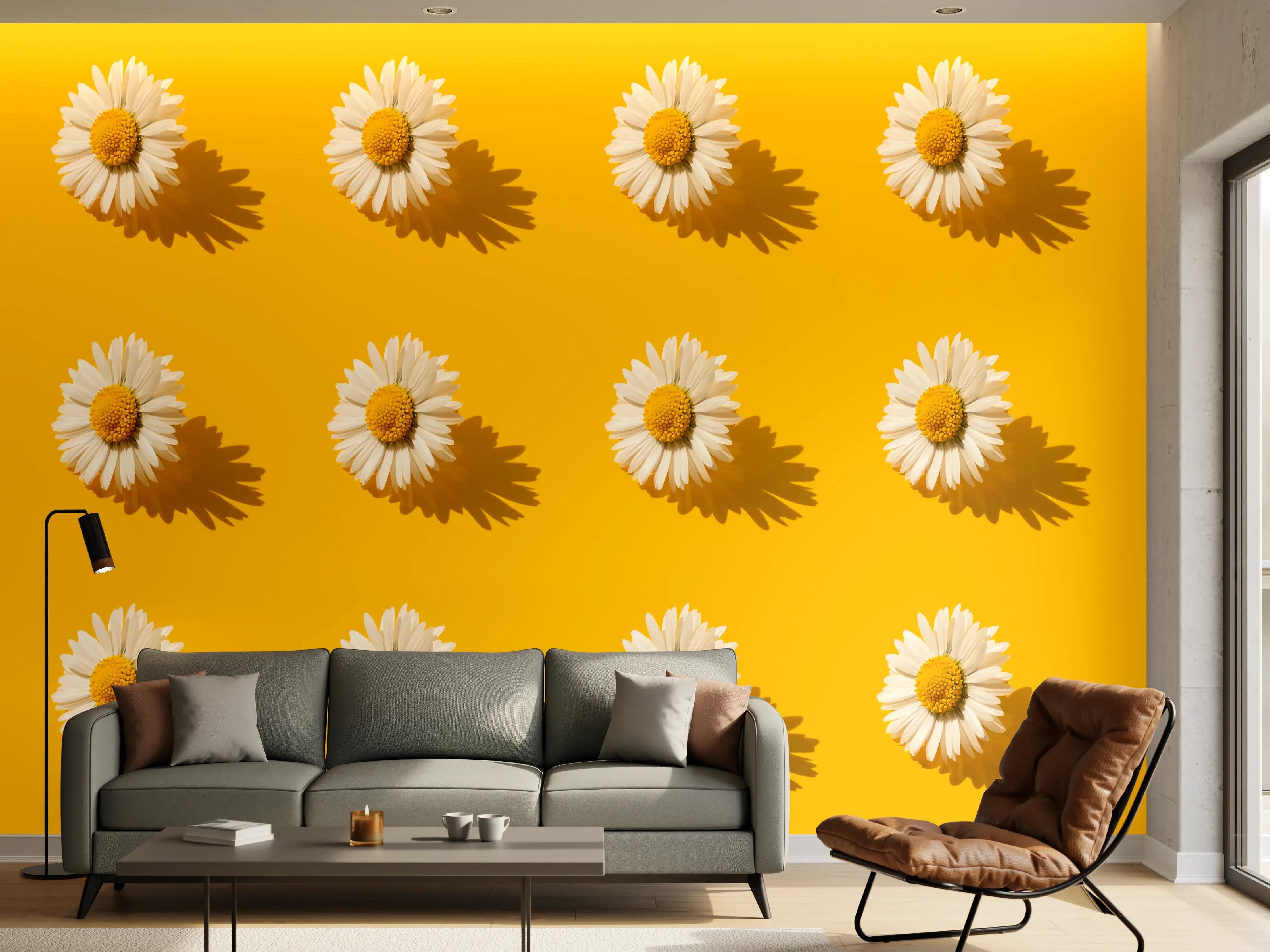 Wandverkleidung Wohnzimmer - Gänseblümchen Muster auf gelbem Hintergrund