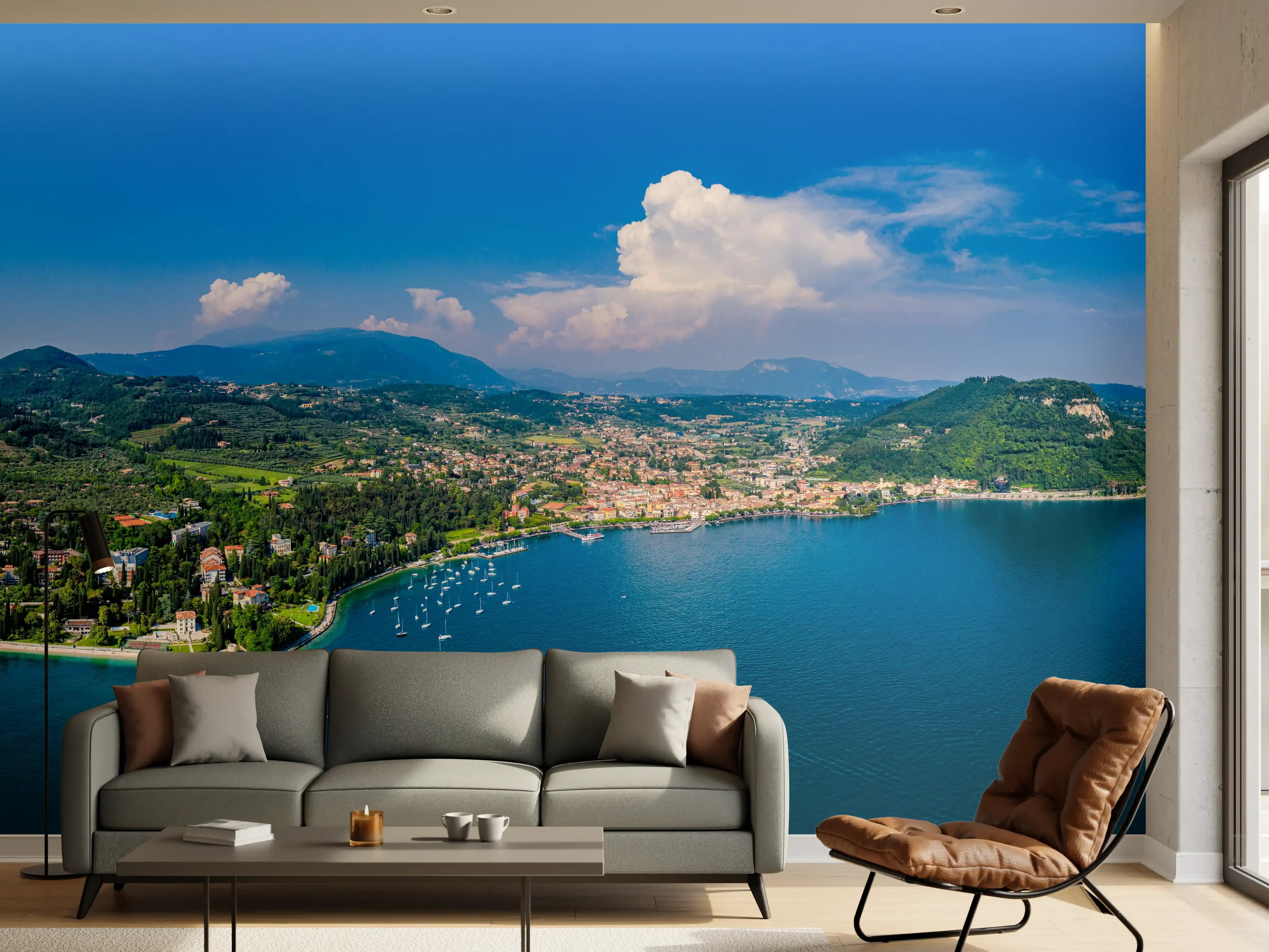 Wandverkleidung Wohnzimmer - Gardasee Panorama Blau-Grün