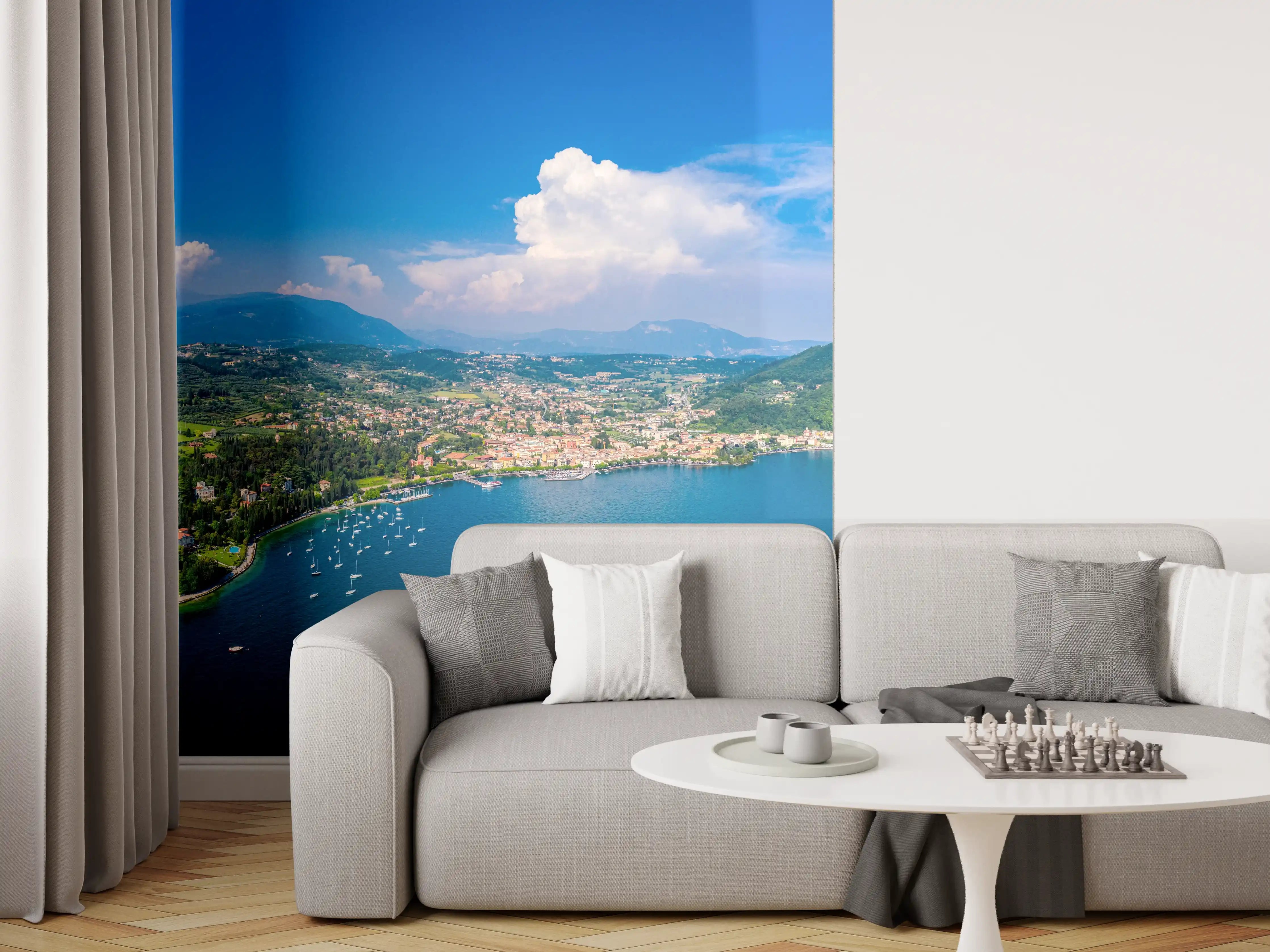 Wandverkleidung Wohnzimmer - Gardasee Panorama Blau-Grün