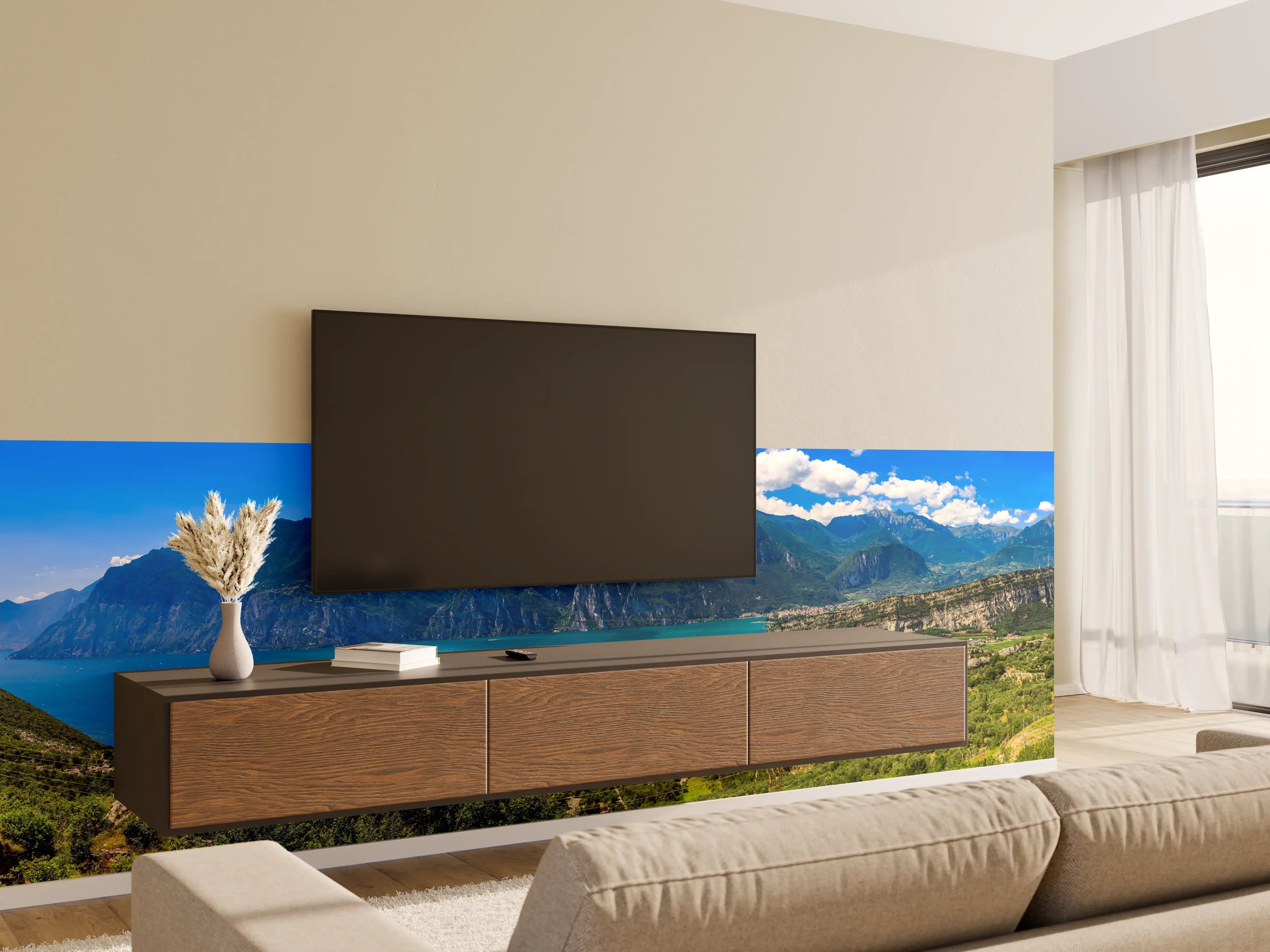 Wandverkleidung Wohnzimmer - Gardasee Panorama in Blau und Grün