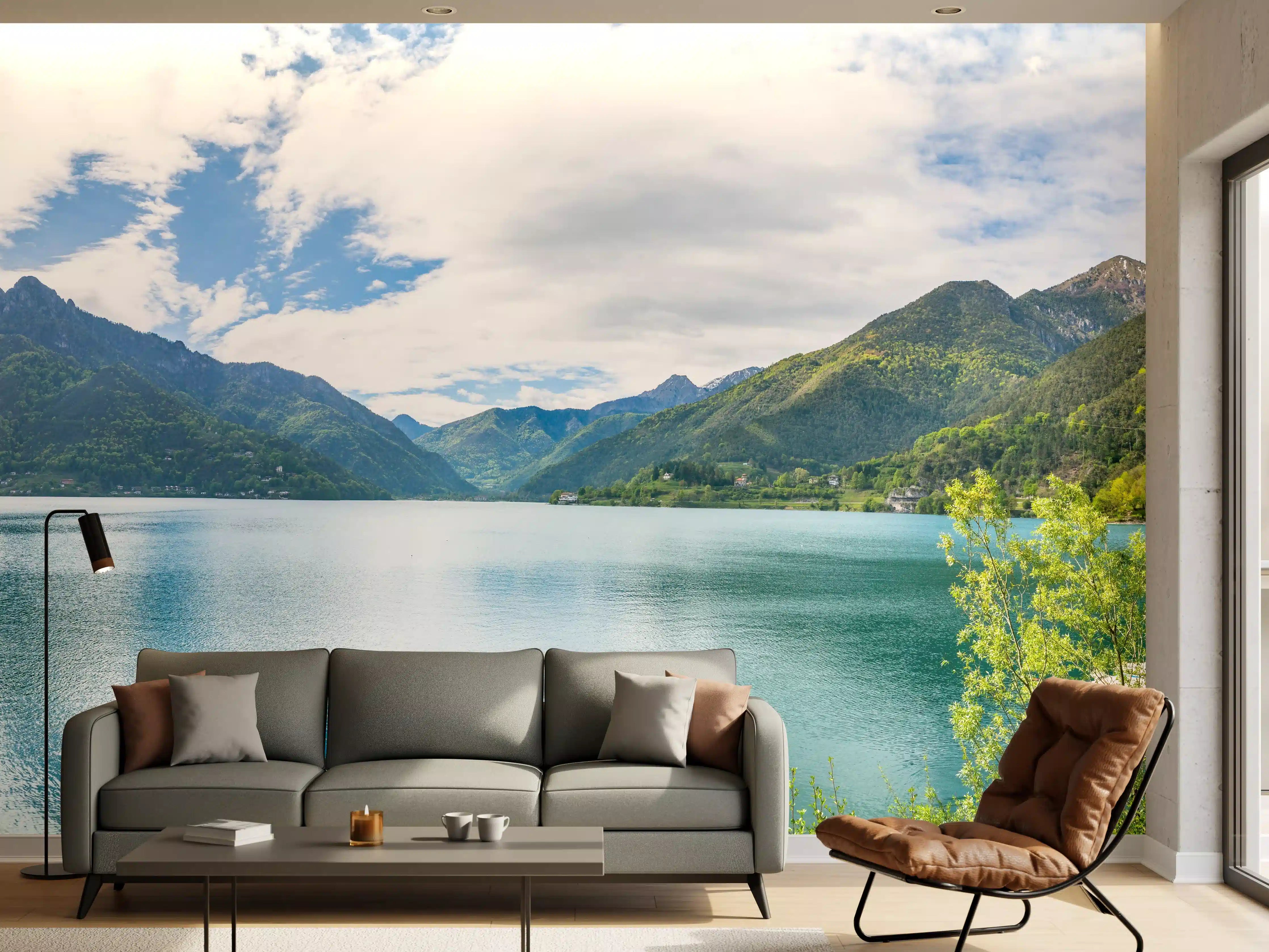 Wandverkleidung Wohnzimmer - Gardasee Türkis-Grünes Panorama