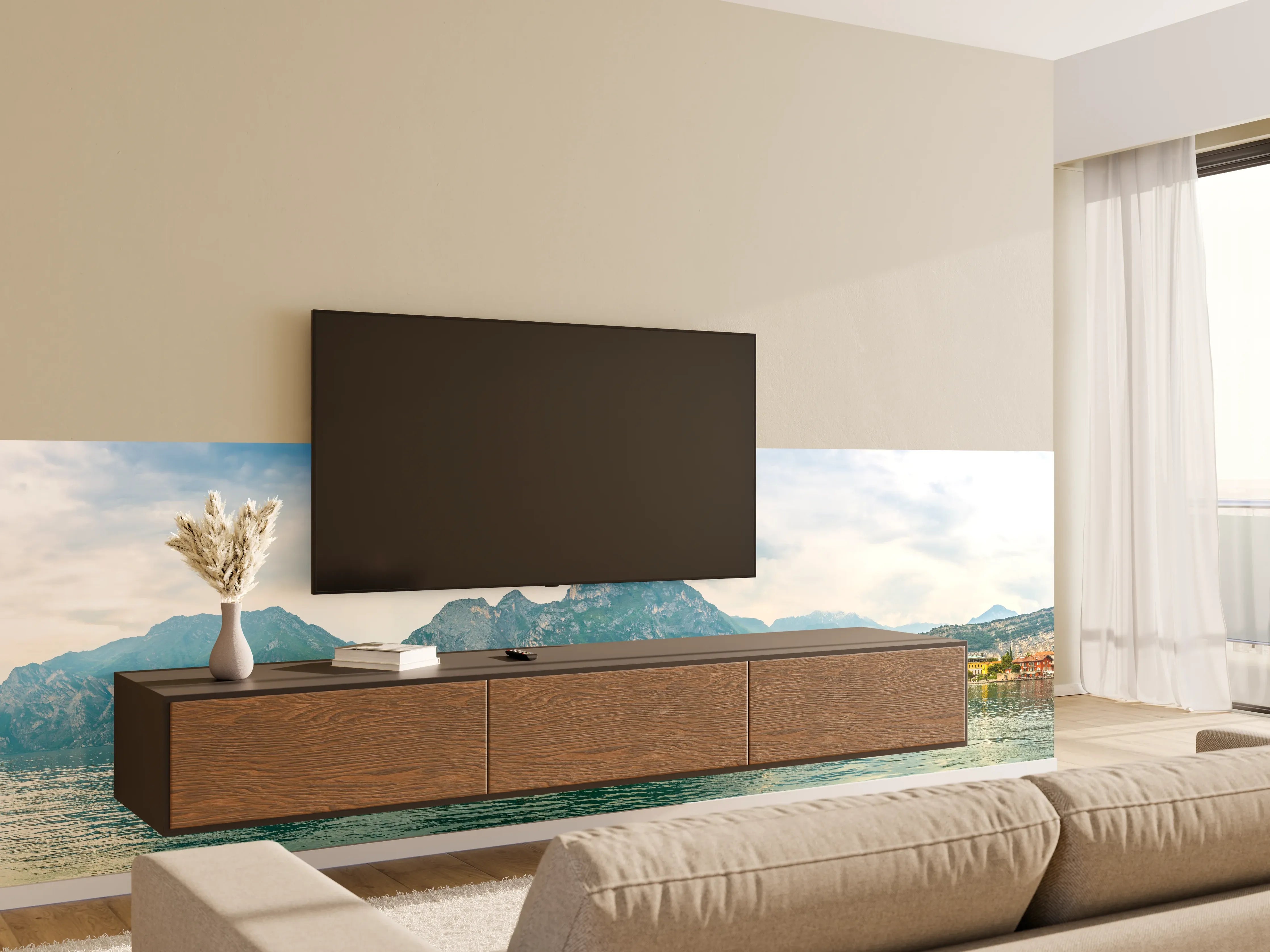 Wandverkleidung Wohnzimmer - Gardasee im Farbenspiel von Himmel und Natur