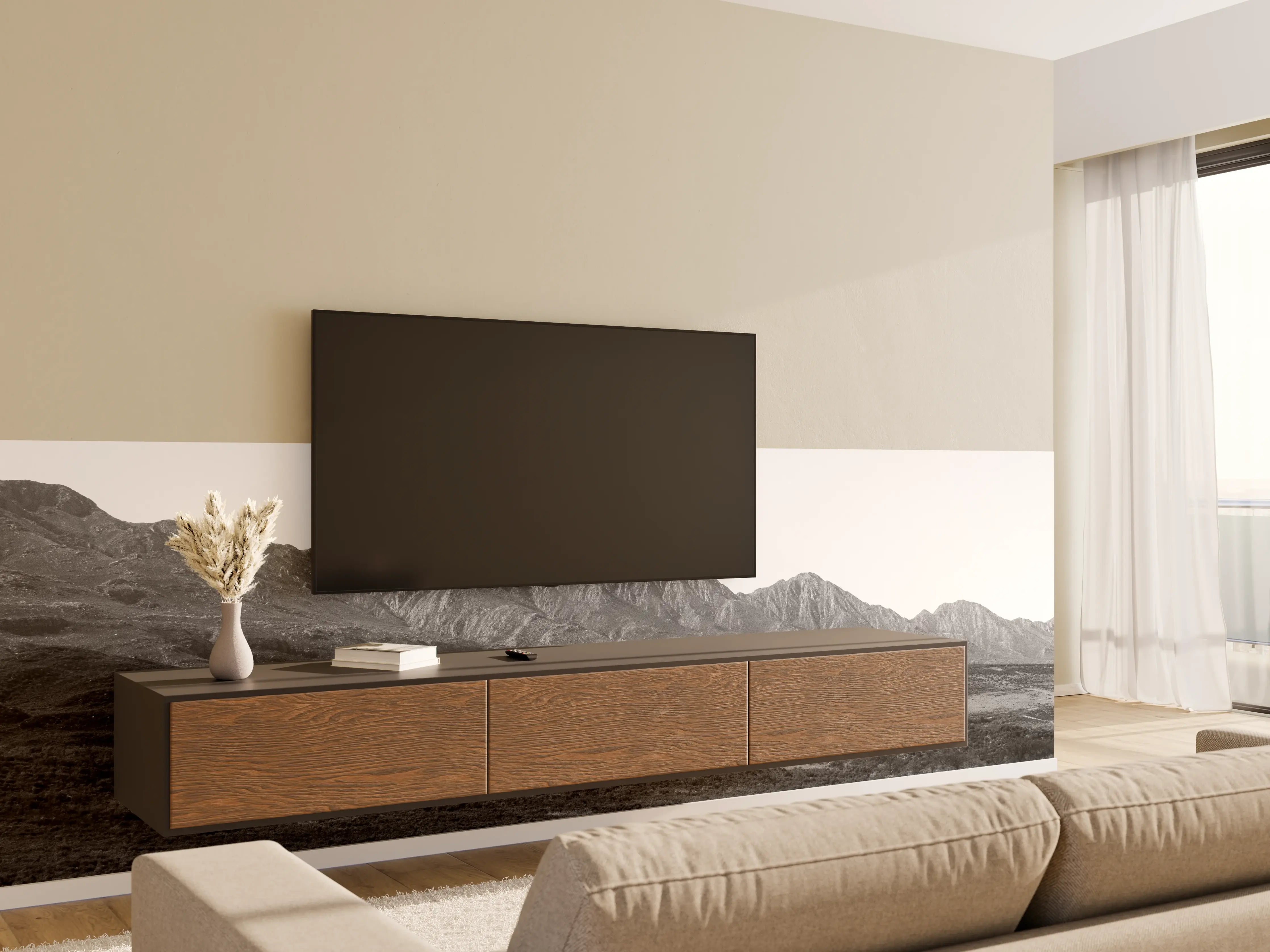 Wandverkleidung Wohnzimmer - Gebirgslandschaft in Schwarzweiß