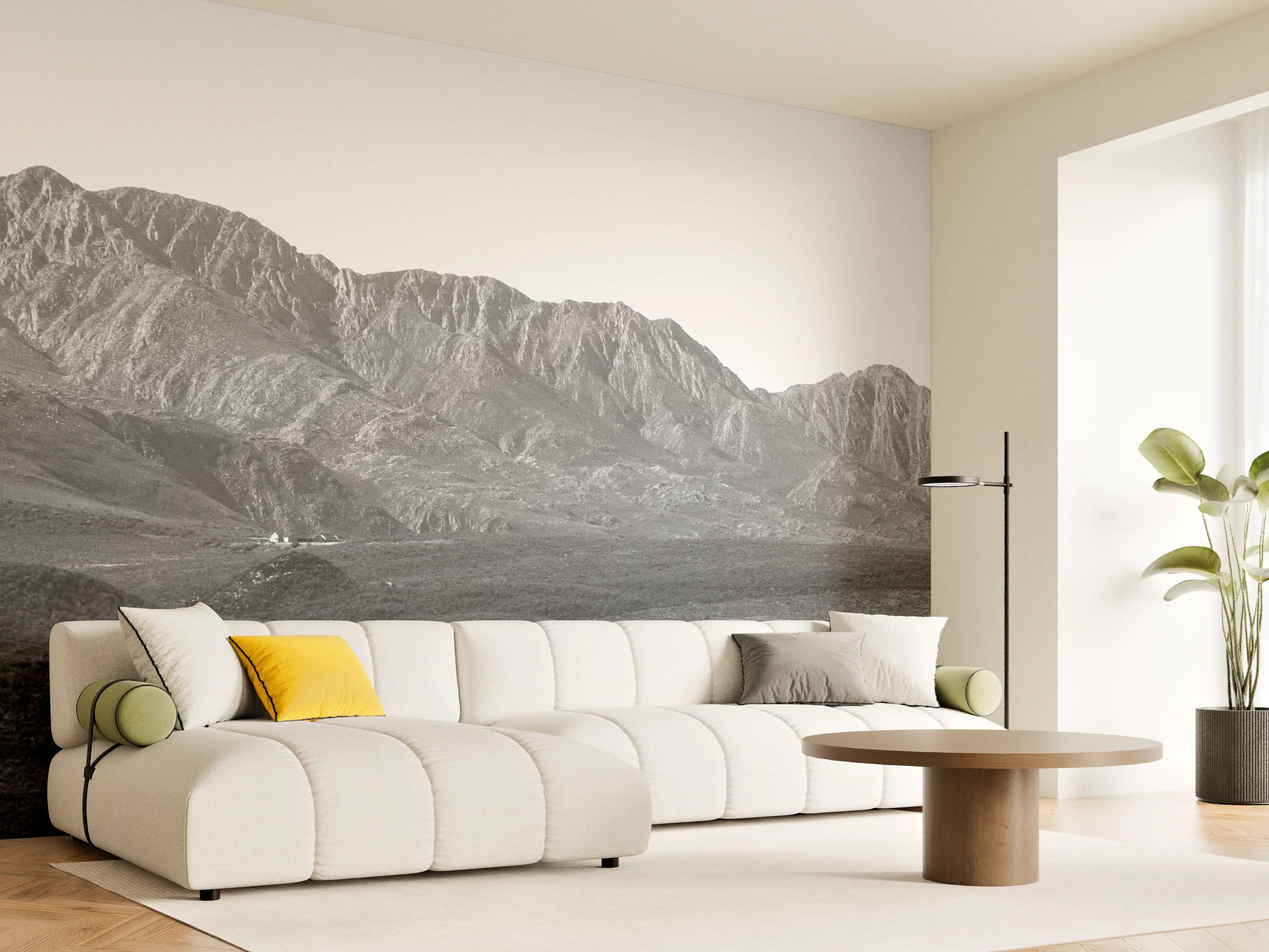 Wandverkleidung Wohnzimmer - Gebirgslandschaft in Schwarzweiß