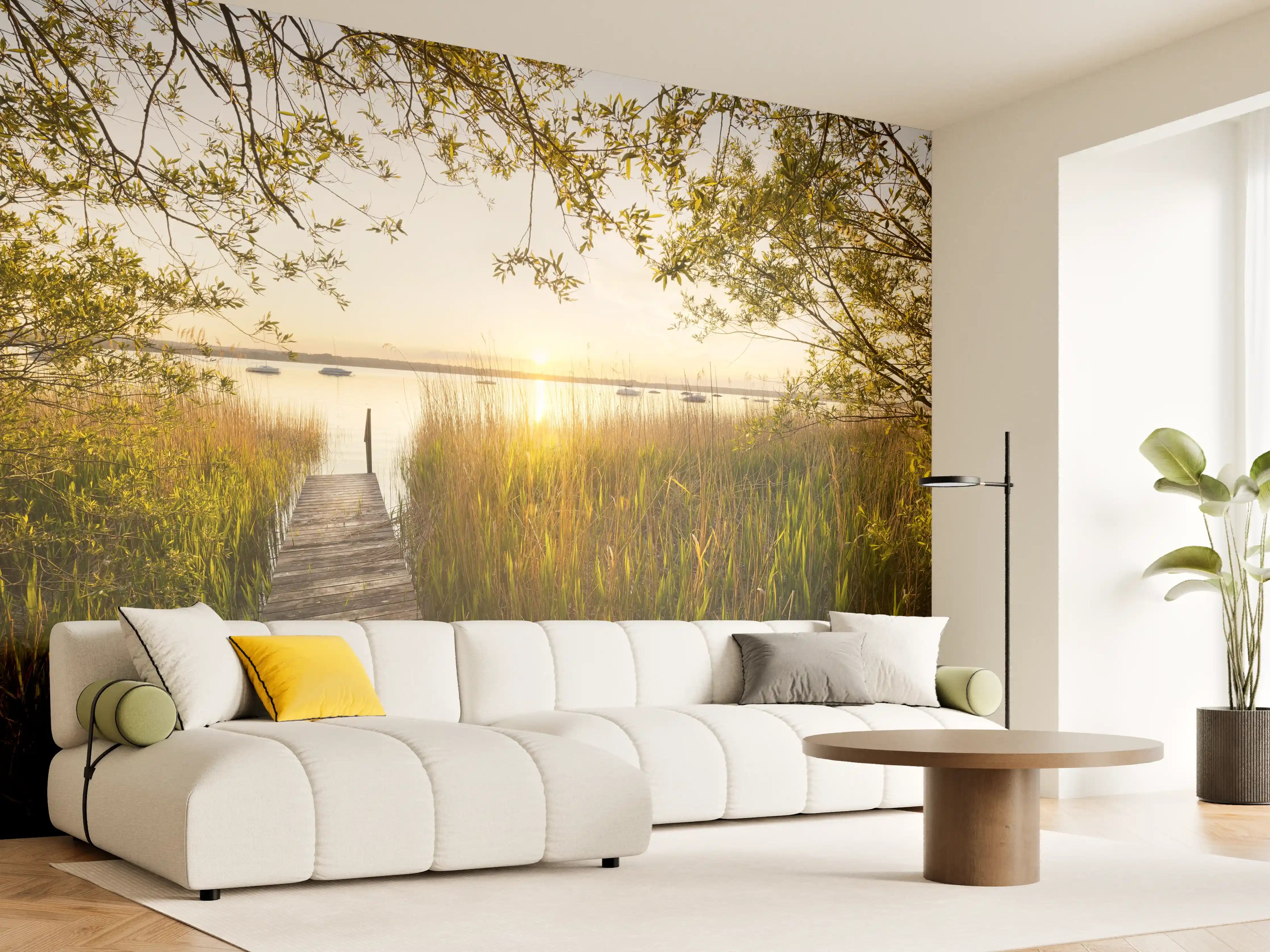 Wandverkleidung Wohnzimmer - Gelassene Flusslandschaft bei Sonnenuntergang