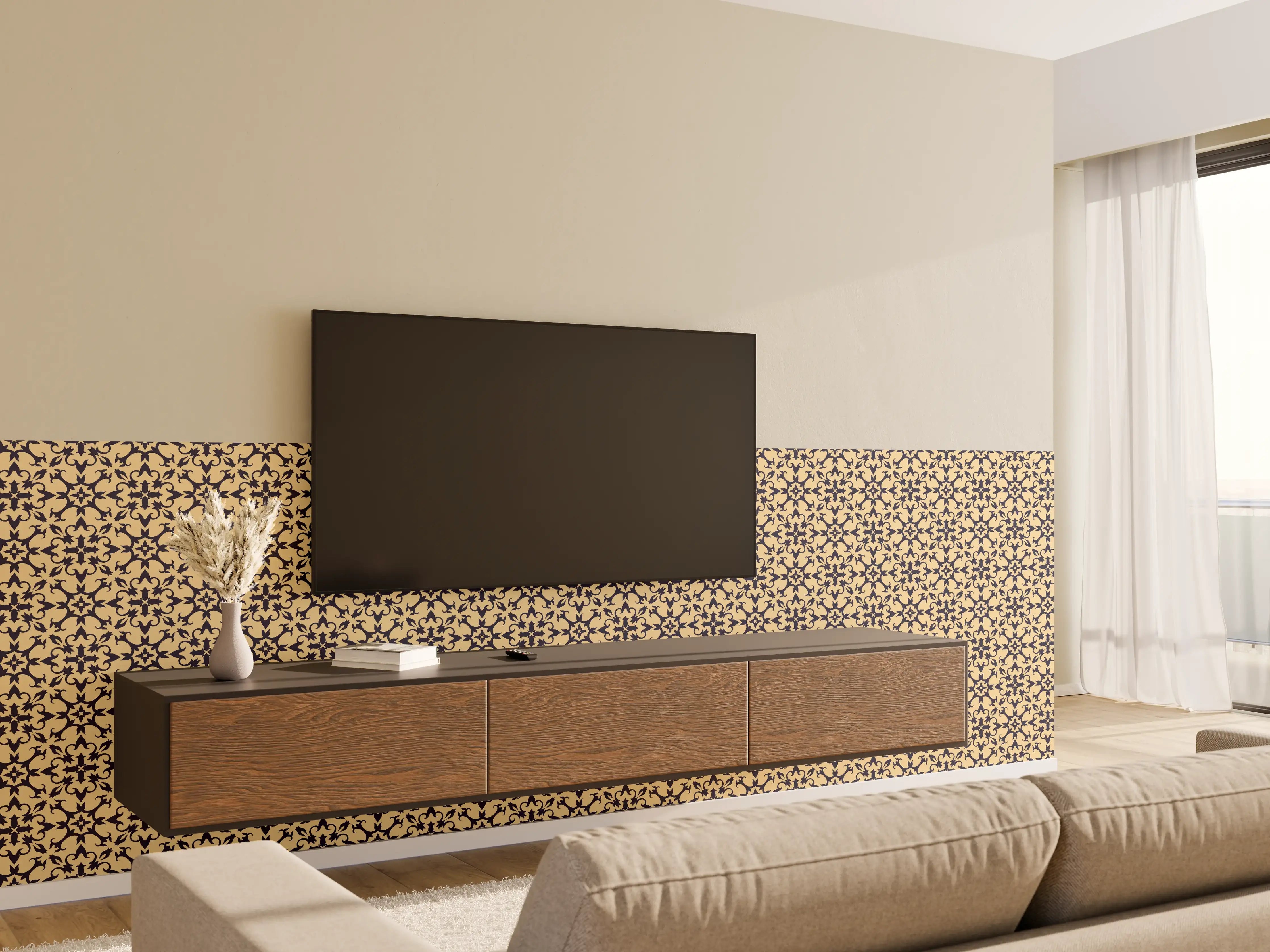 Wandverkleidung Wohnzimmer - Gelb-Schwarz Grafik Design