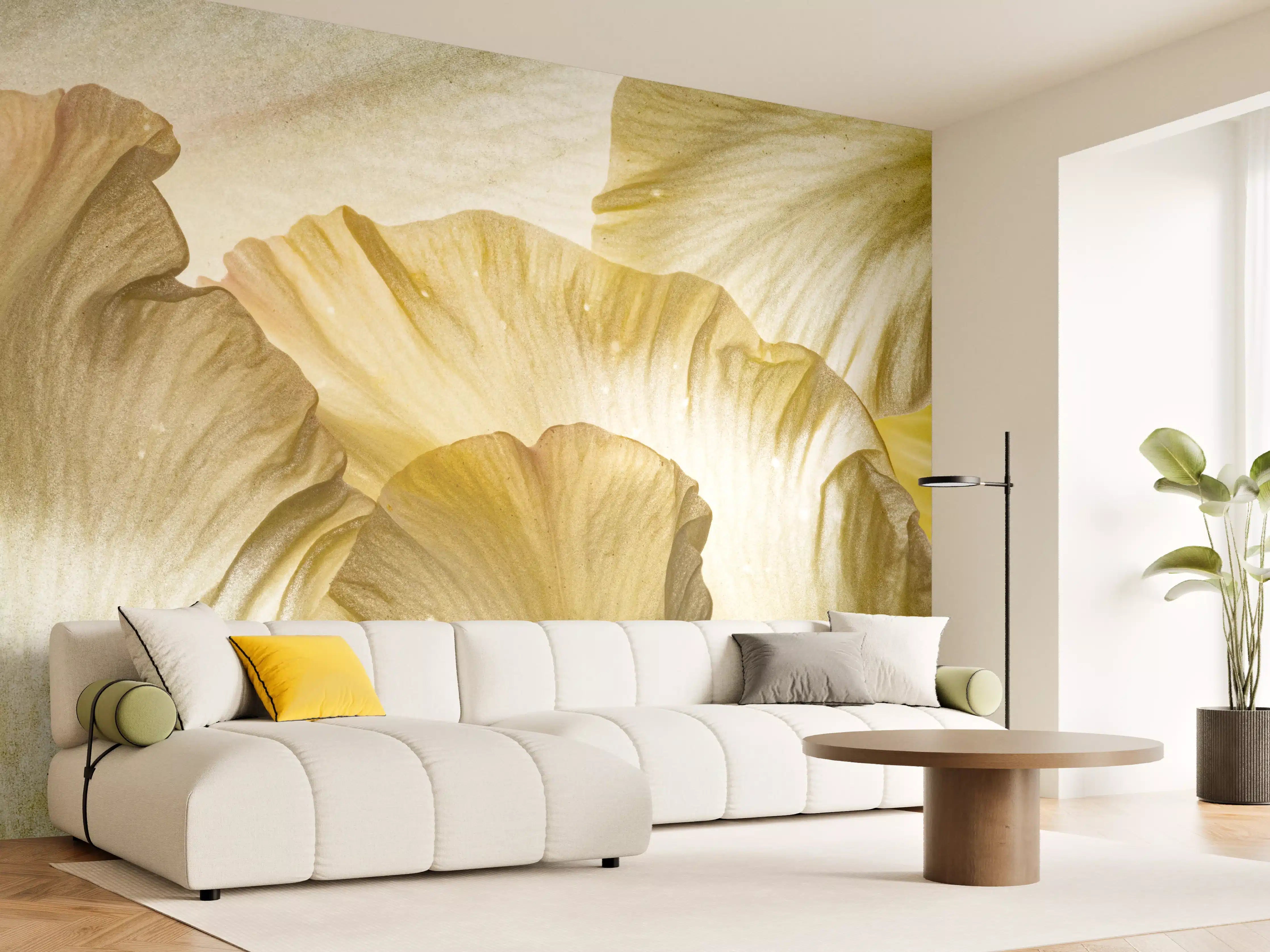 Wandverkleidung Wohnzimmer - Gelbe Blumenblätter in Nahaufnahme