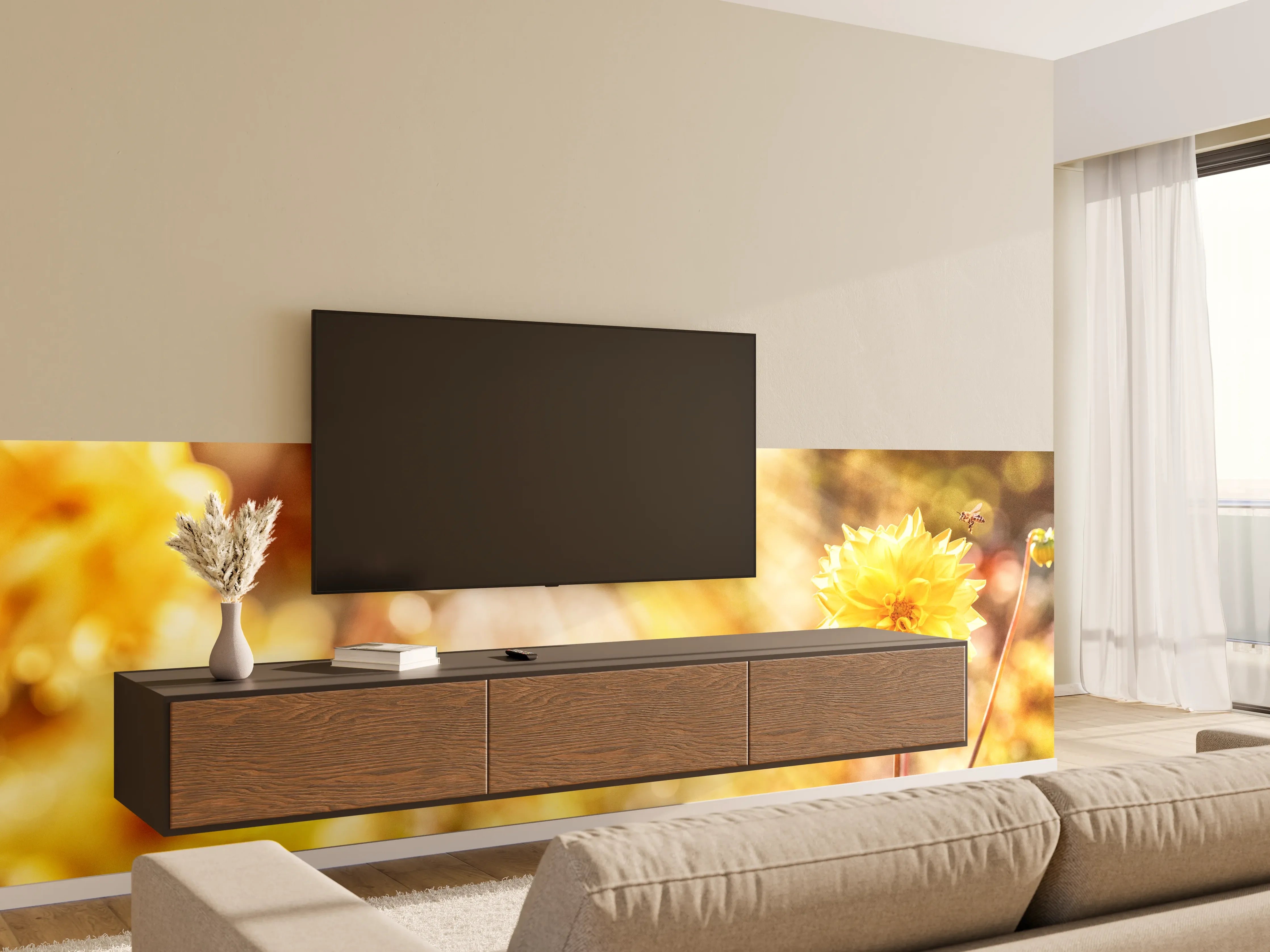 Wandverkleidung Wohnzimmer - Gelbe Dahlie