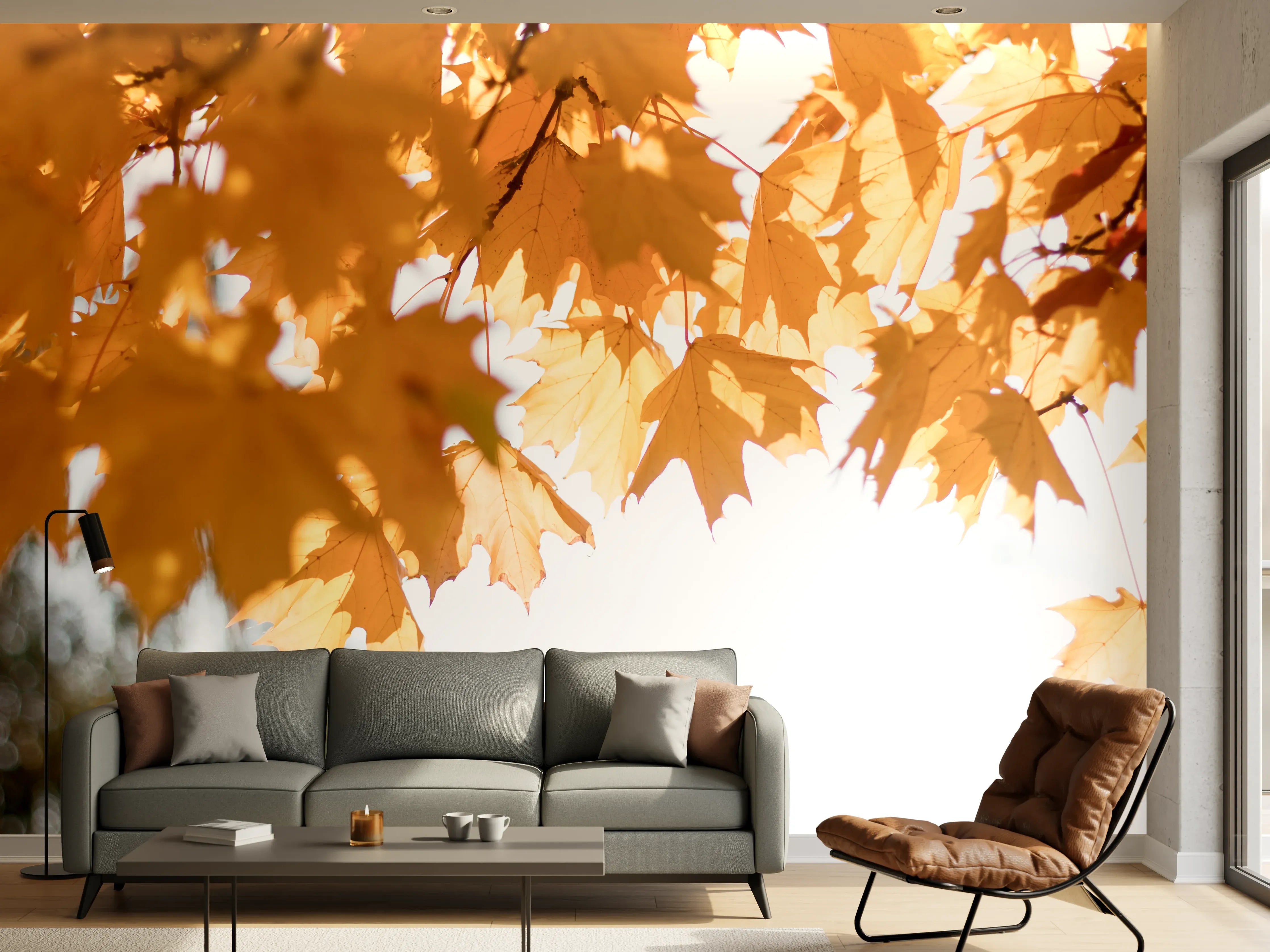 Wandverkleidung Wohnzimmer - Gelben Ahornblättern im Herbst