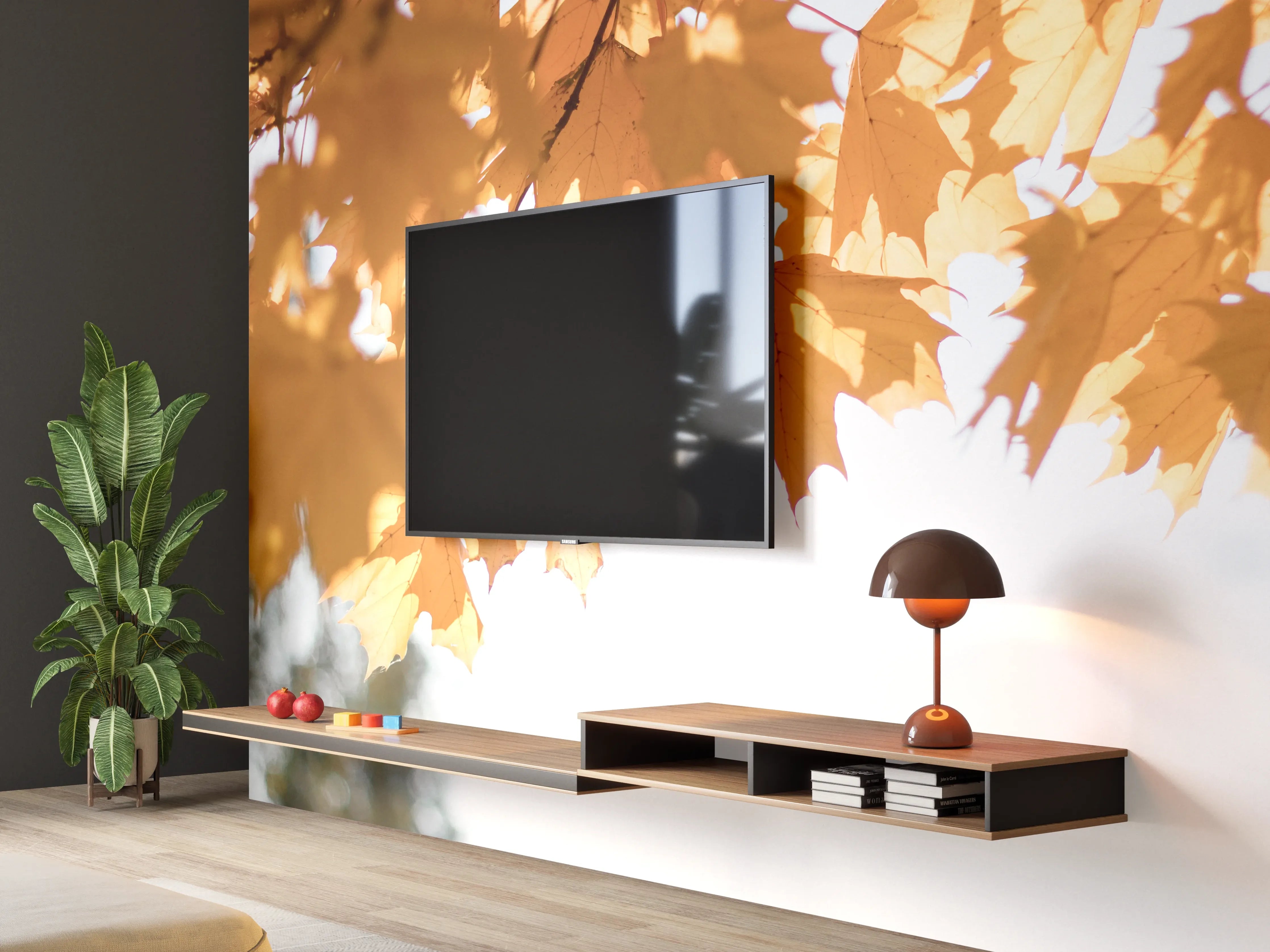 Wandverkleidung Wohnzimmer - Gelben Ahornblättern im Herbst