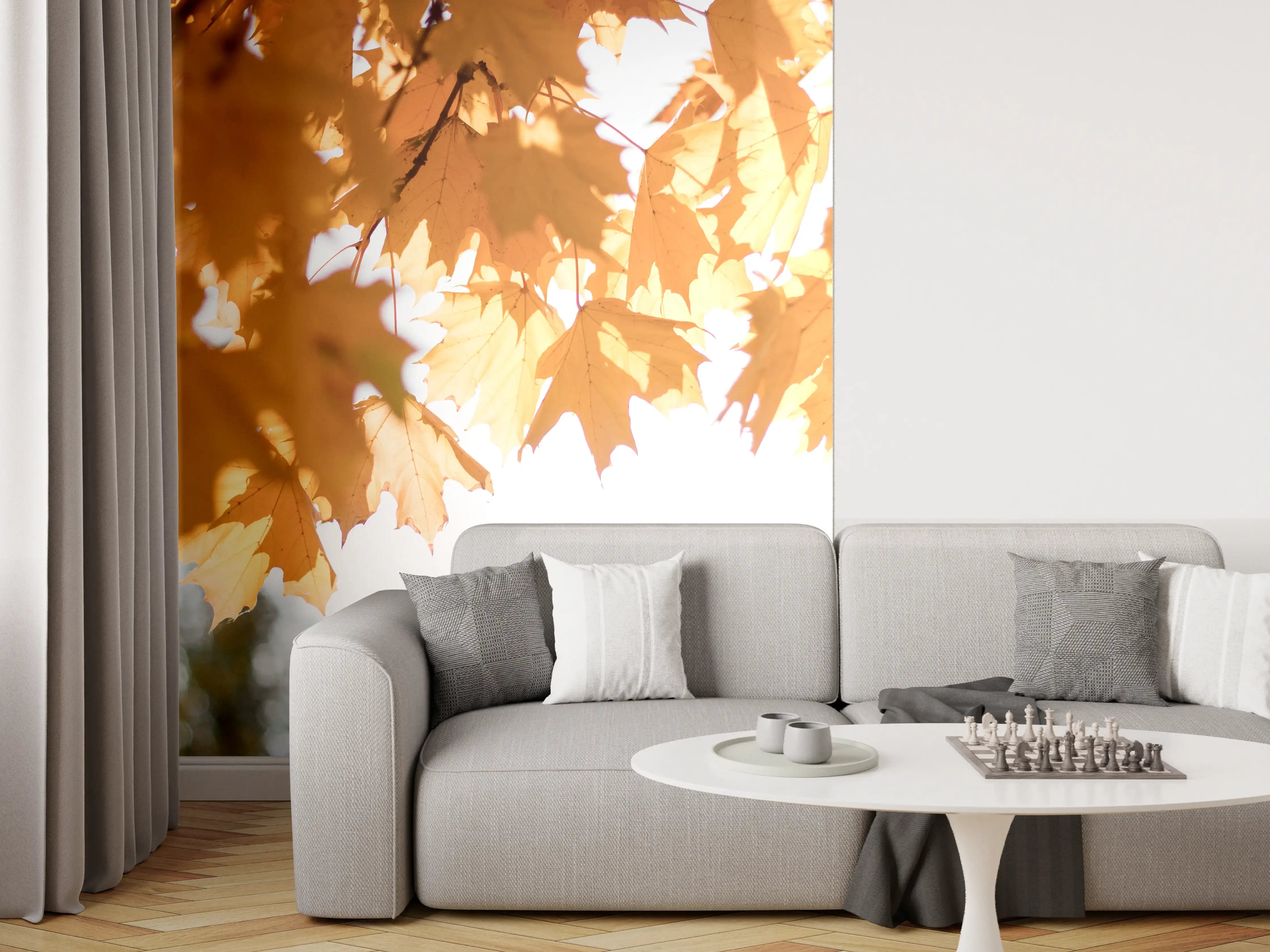 Wandverkleidung Wohnzimmer - Gelben Ahornblättern im Herbst
