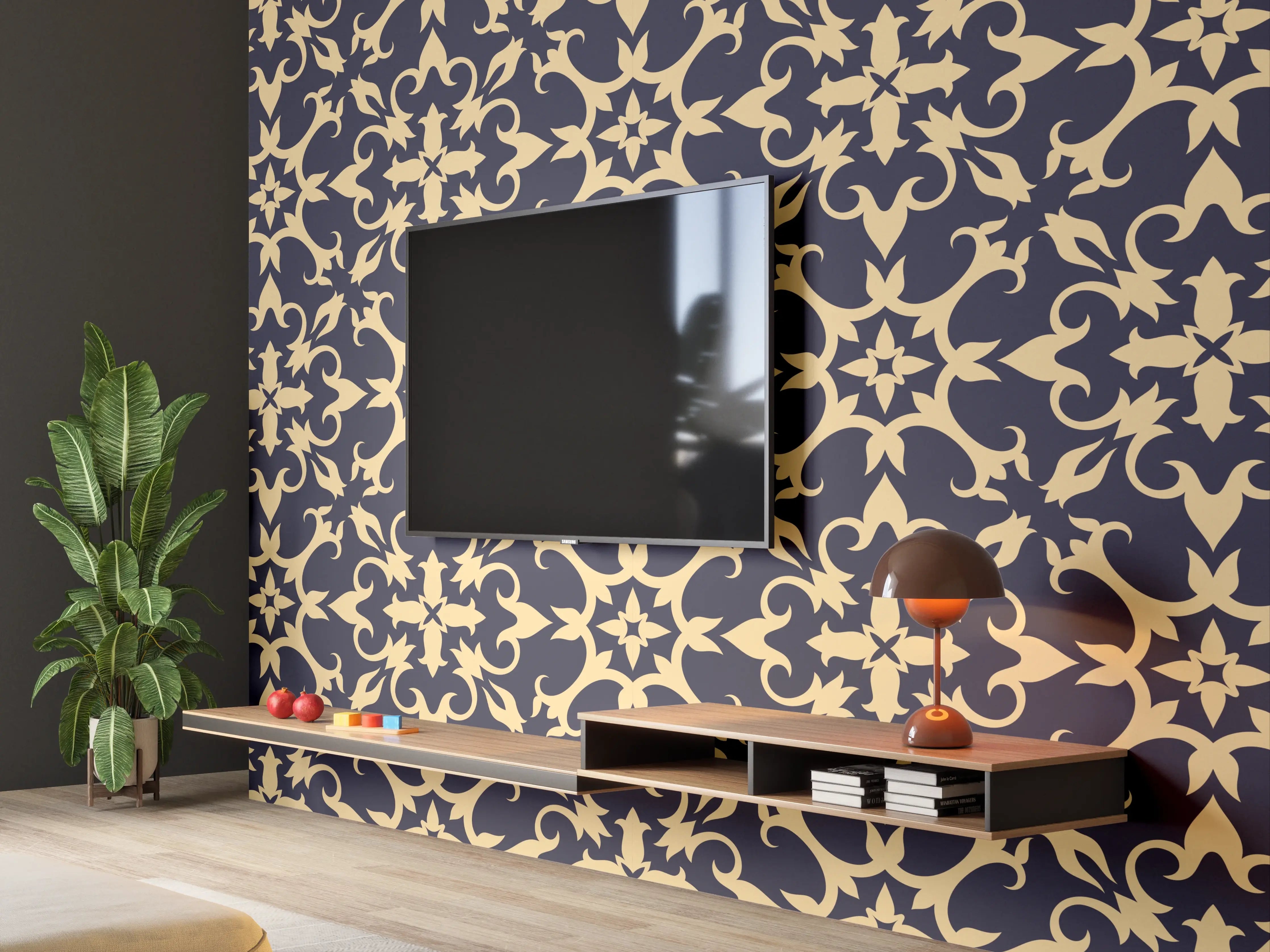 Wandverkleidung Wohnzimmer - Gelbes Ornament-Muster