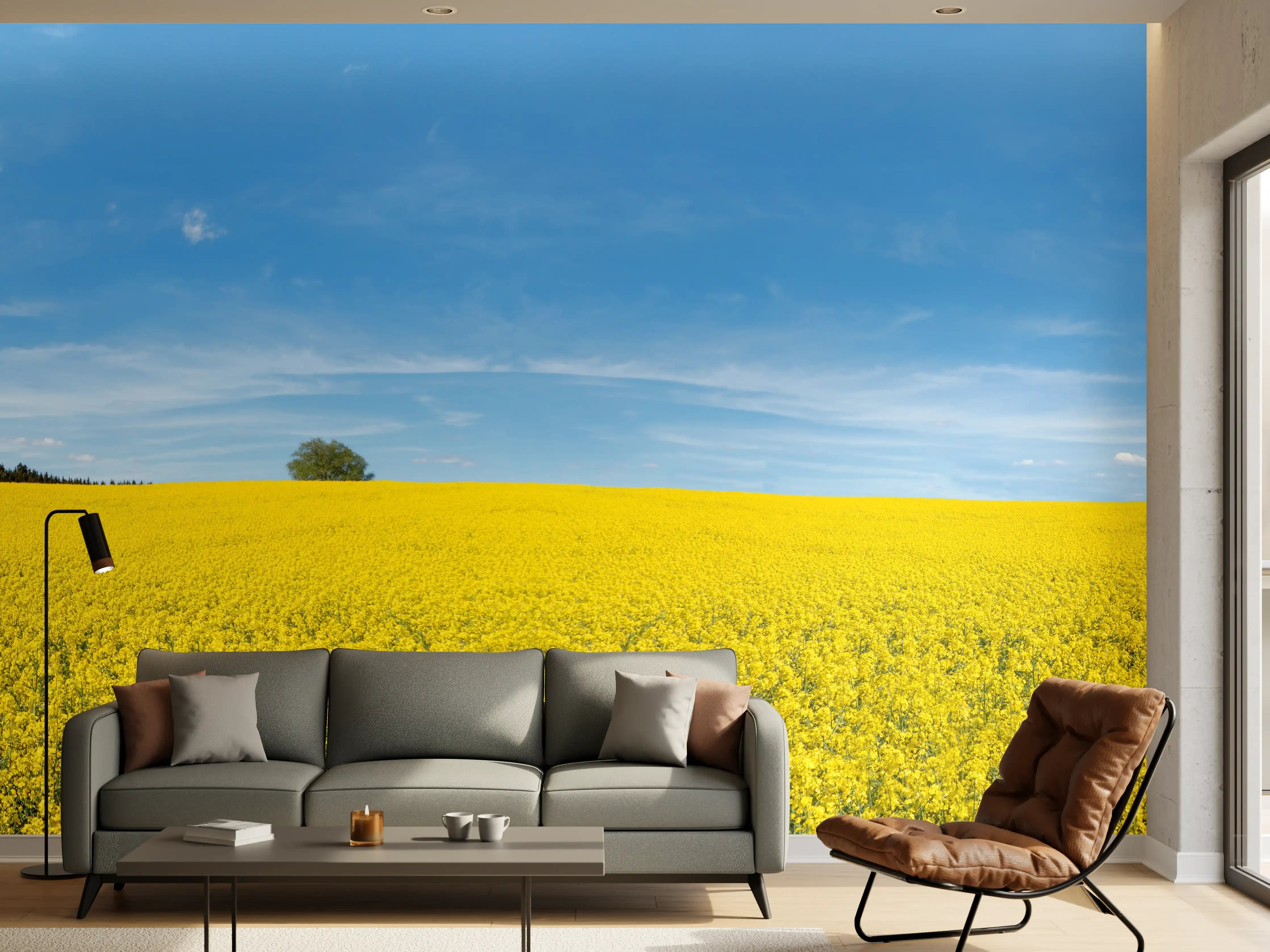 Wandverkleidung Wohnzimmer - Gelbes Rapsfeld blauer Himmel