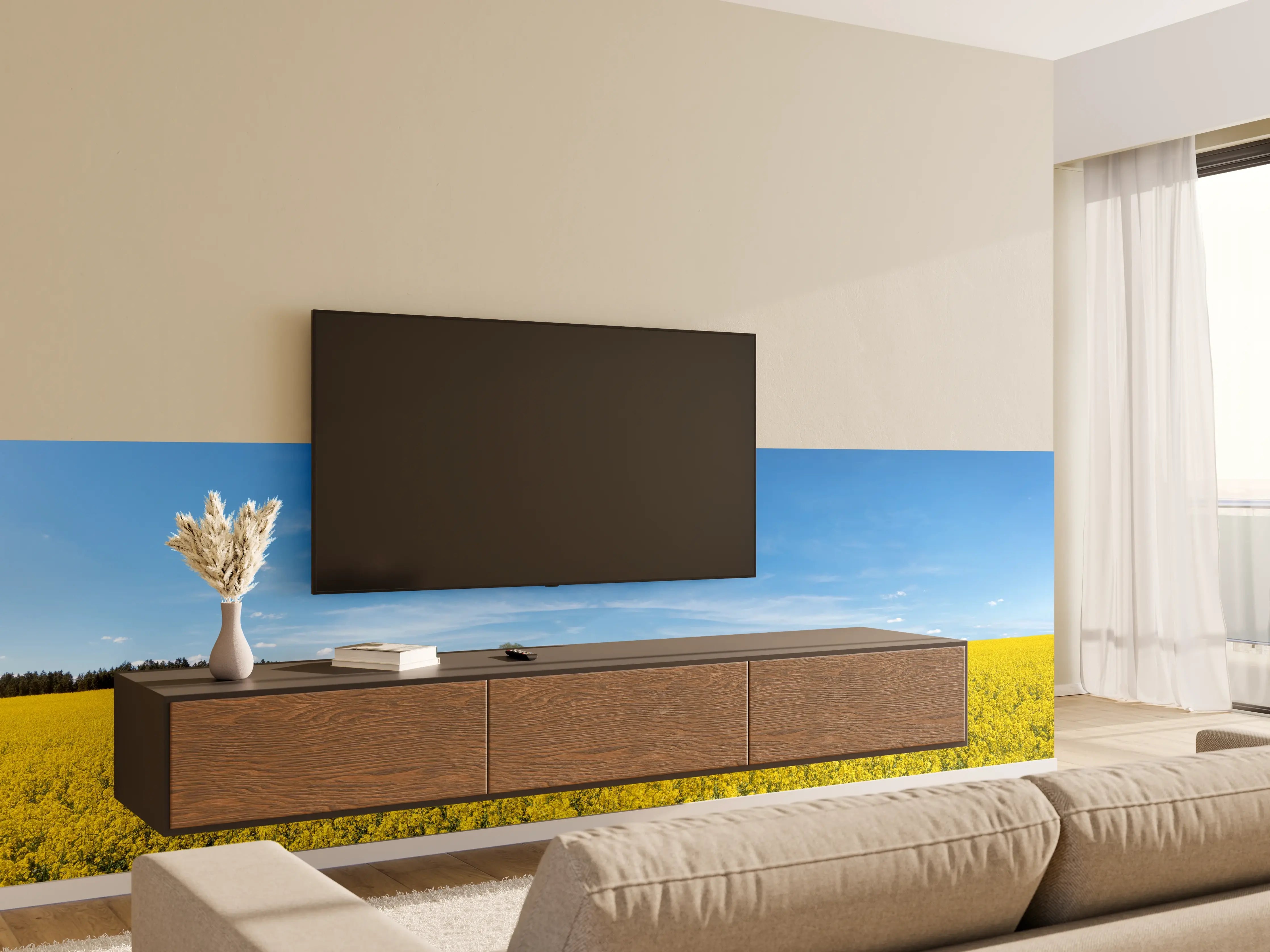 Wandverkleidung Wohnzimmer - Gelbes Rapsfeld blauer Himmel