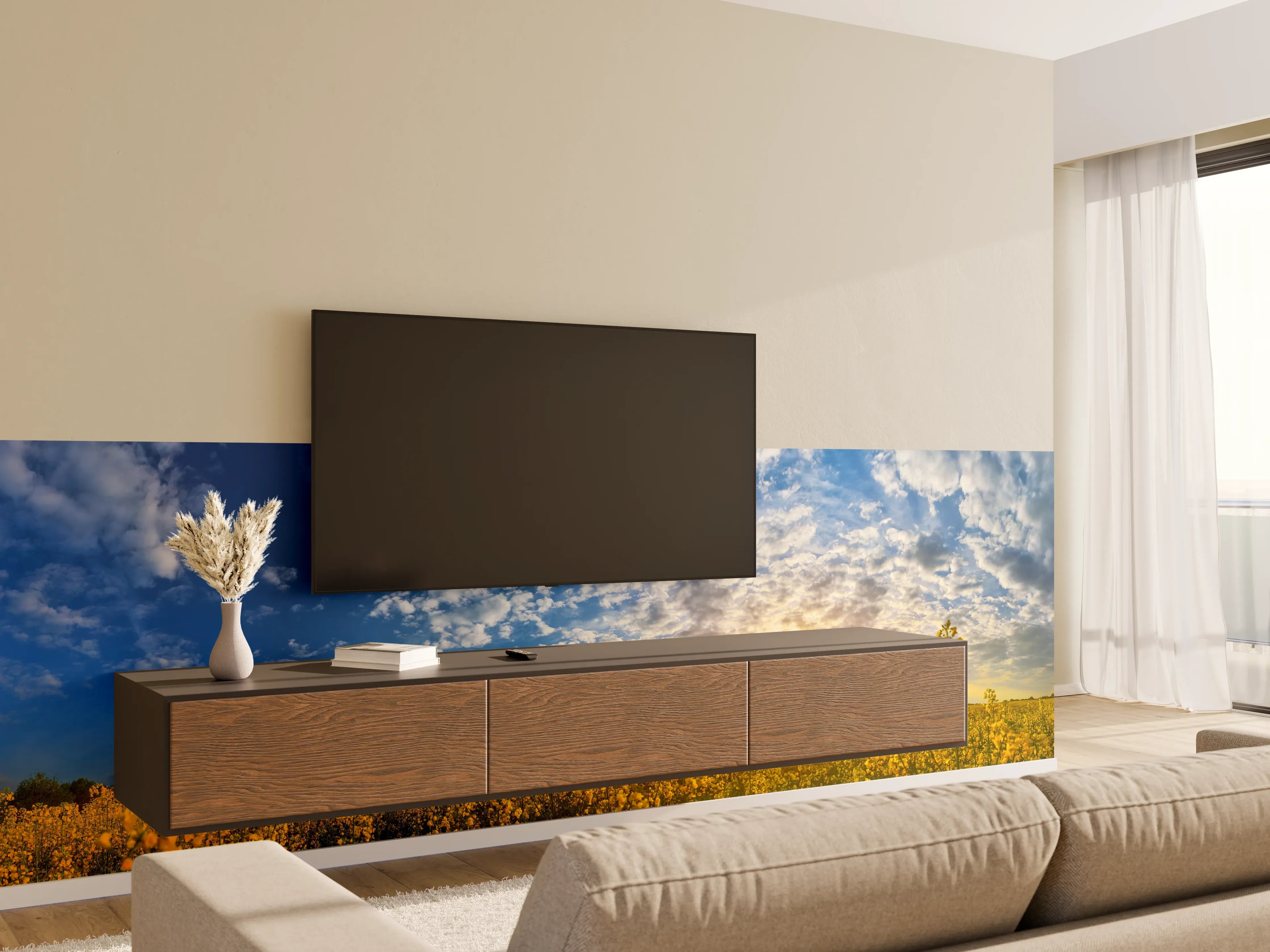 Wandverkleidung Wohnzimmer - Gelbliches Blumenfeld am Morgen