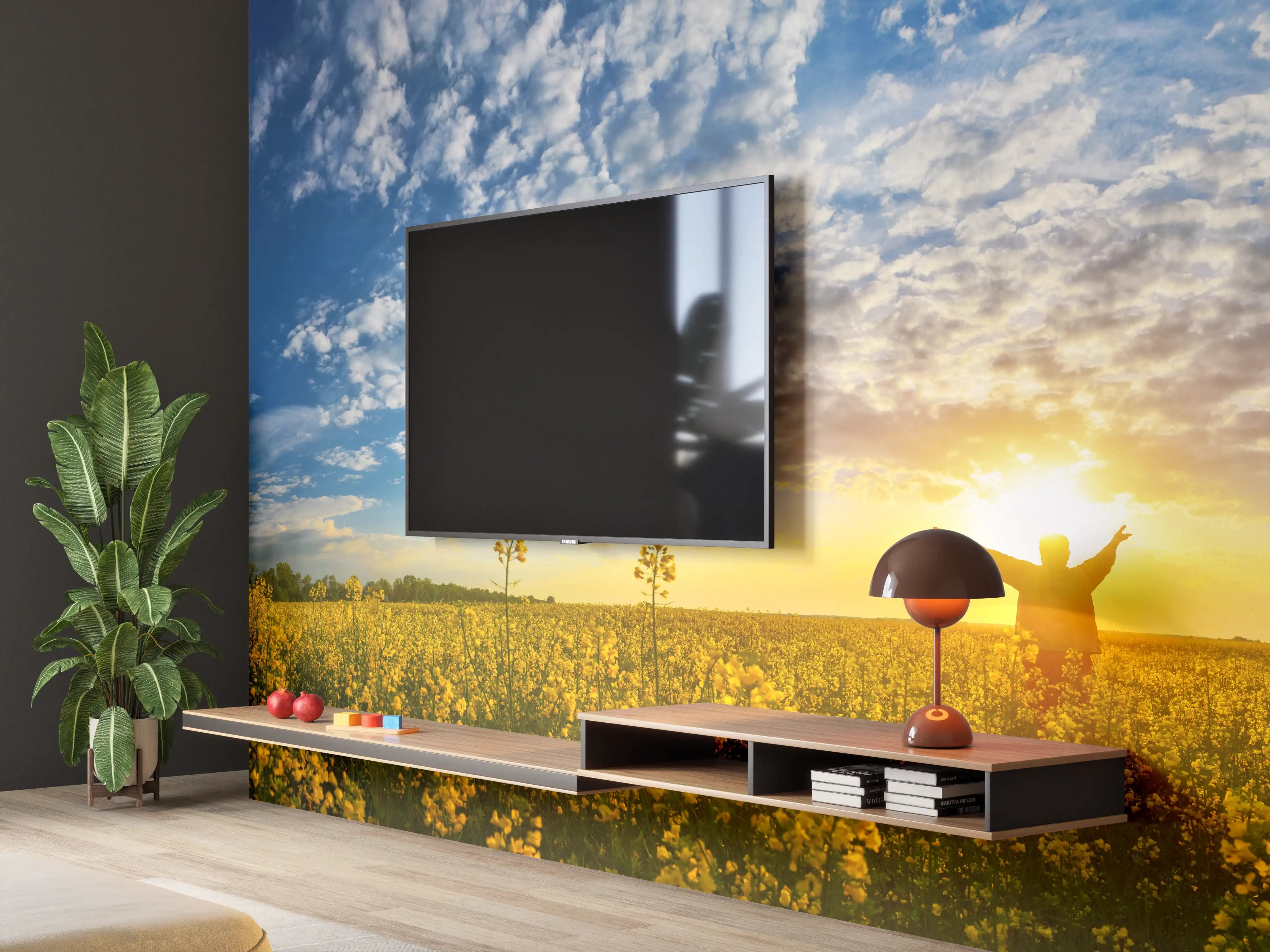 Wandverkleidung Wohnzimmer - Gelbliches Blumenfeld am Morgen