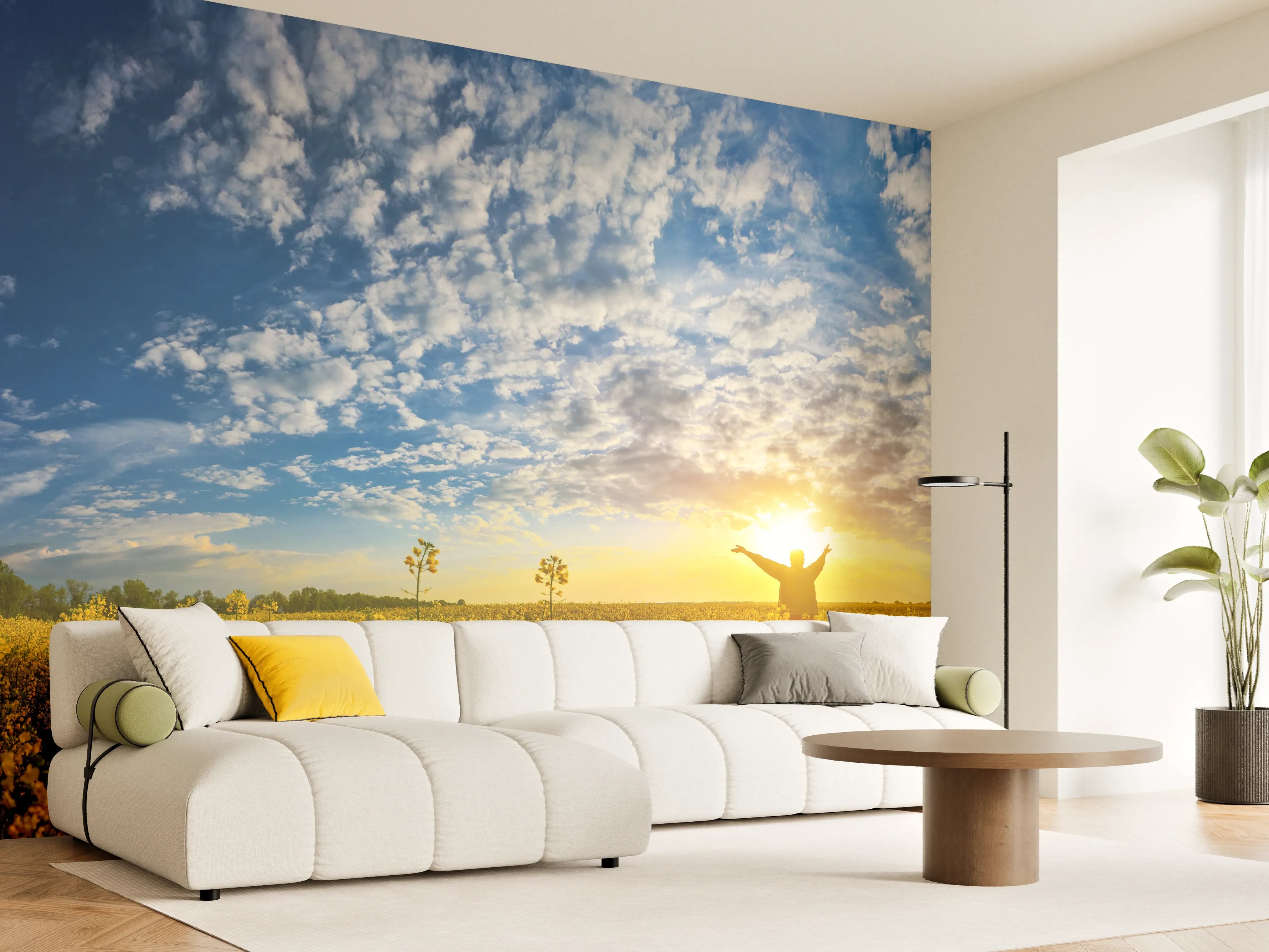 Wandverkleidung Wohnzimmer - Gelbliches Blumenfeld am Morgen