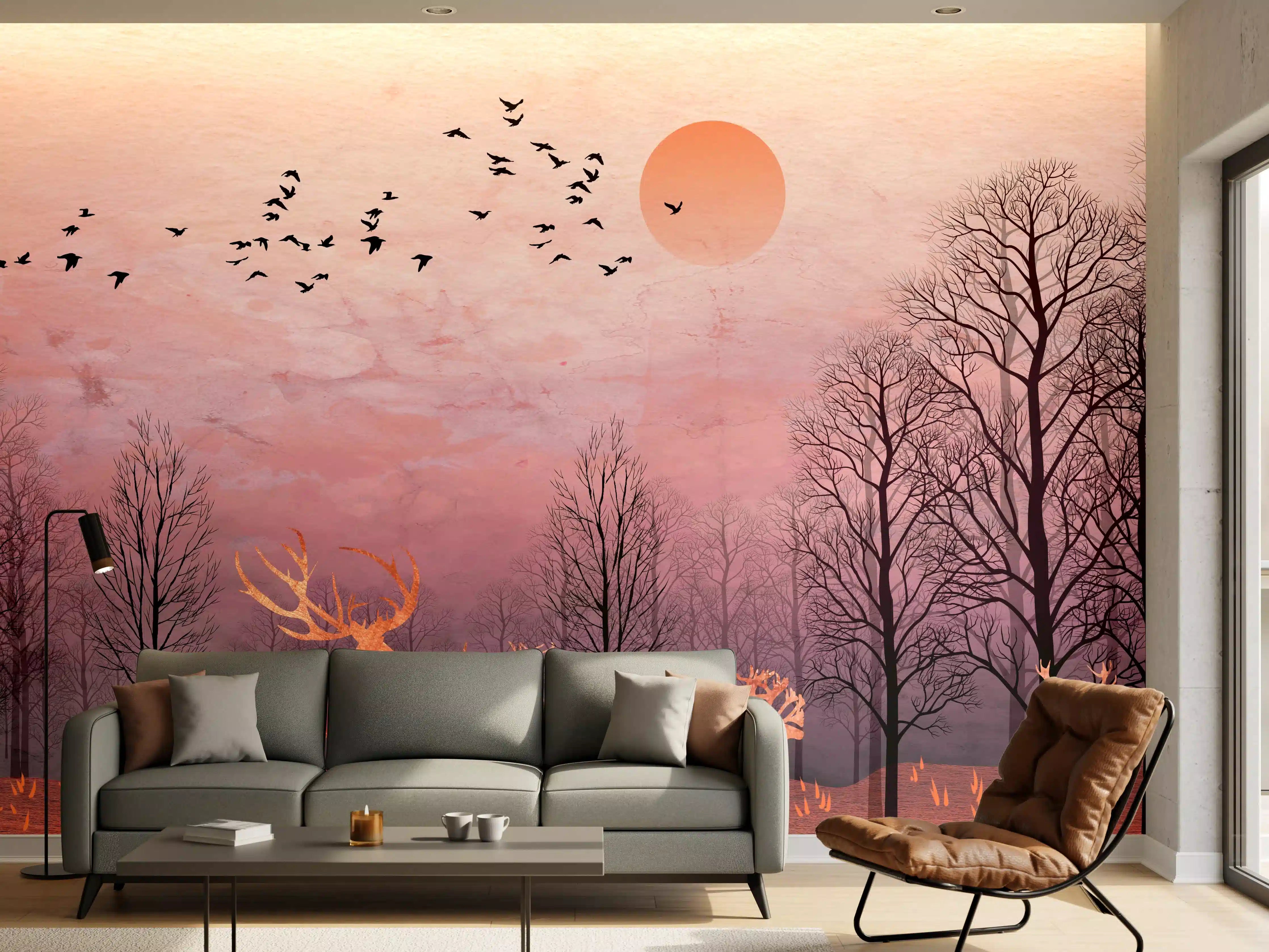 Wandverkleidung Wohnzimmer - Gemalte Landschaft mit Wildtieren