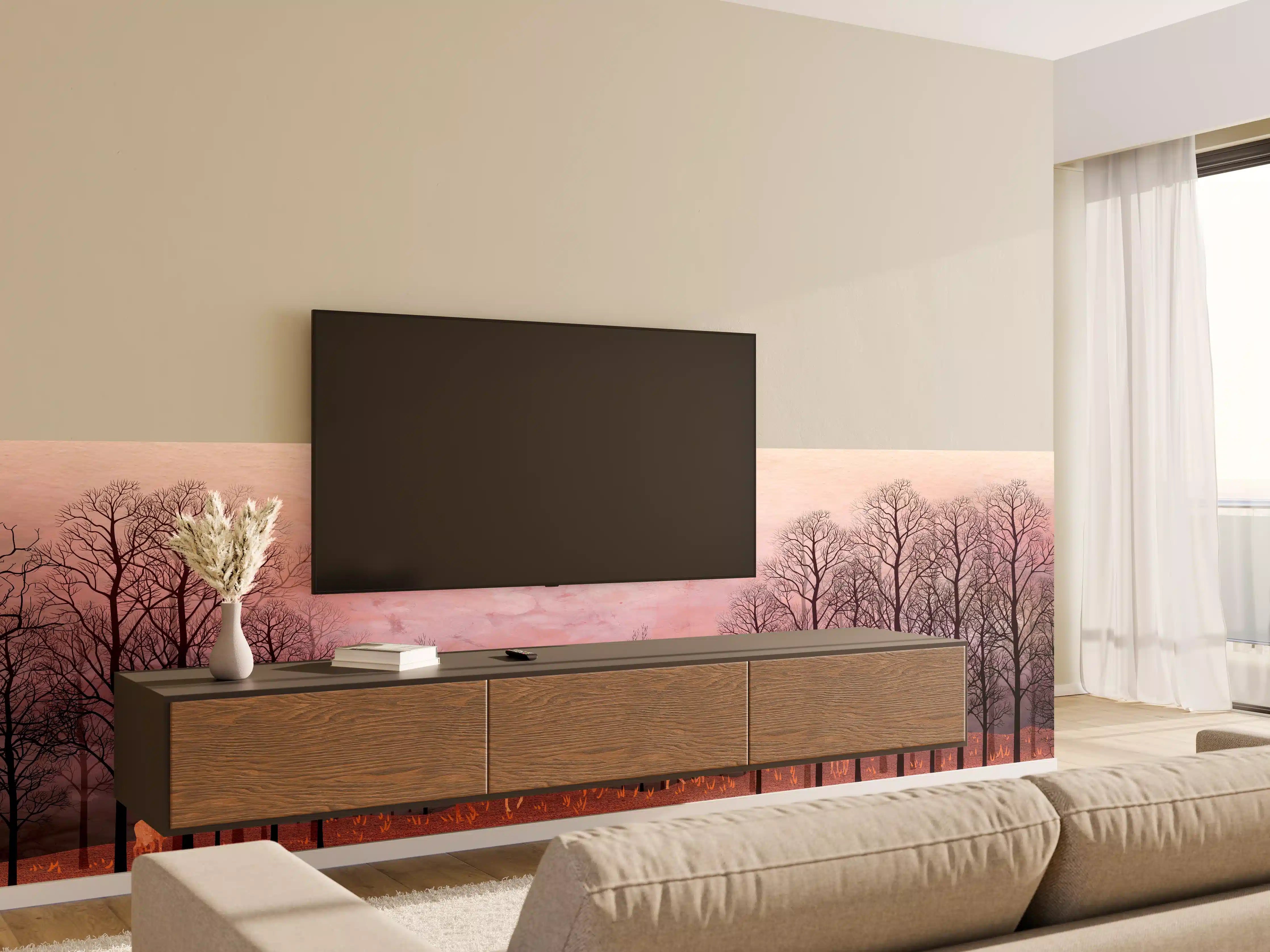 Wandverkleidung Wohnzimmer - Gemalte Landschaft mit Wildtieren