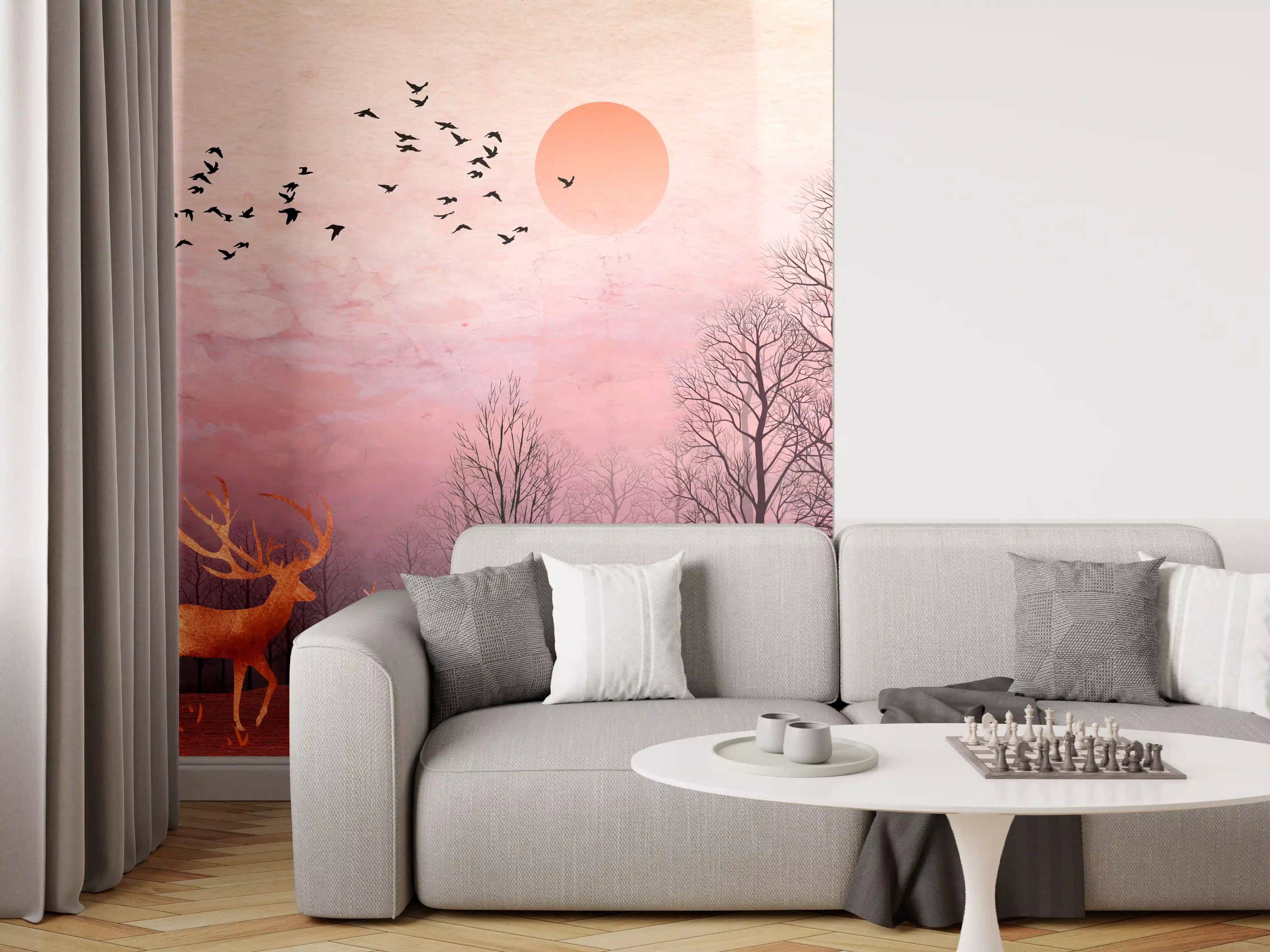 Wandverkleidung Wohnzimmer - Gemalte Landschaft mit Wildtieren