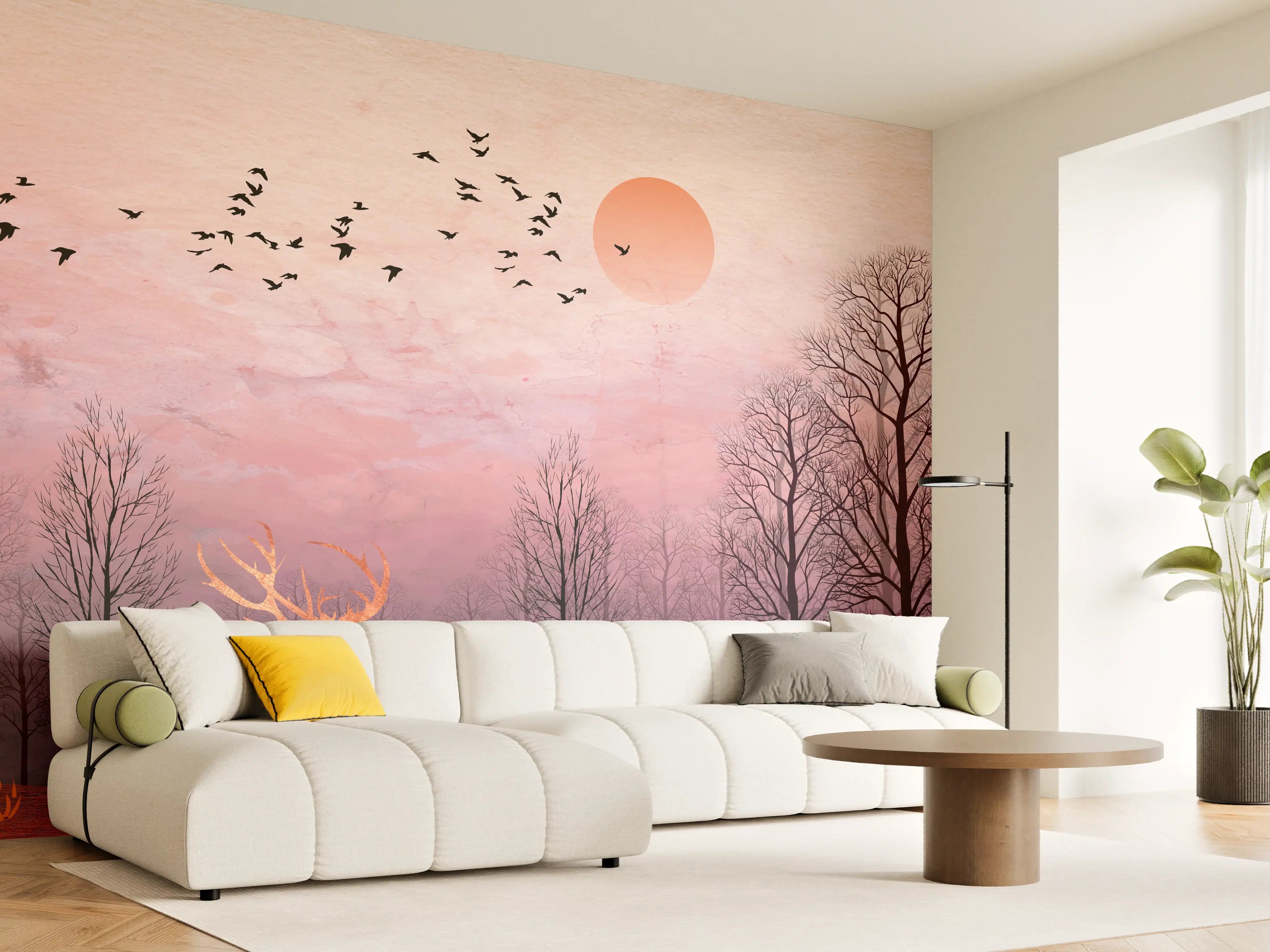Wandverkleidung Wohnzimmer - Gemalte Landschaft mit Wildtieren