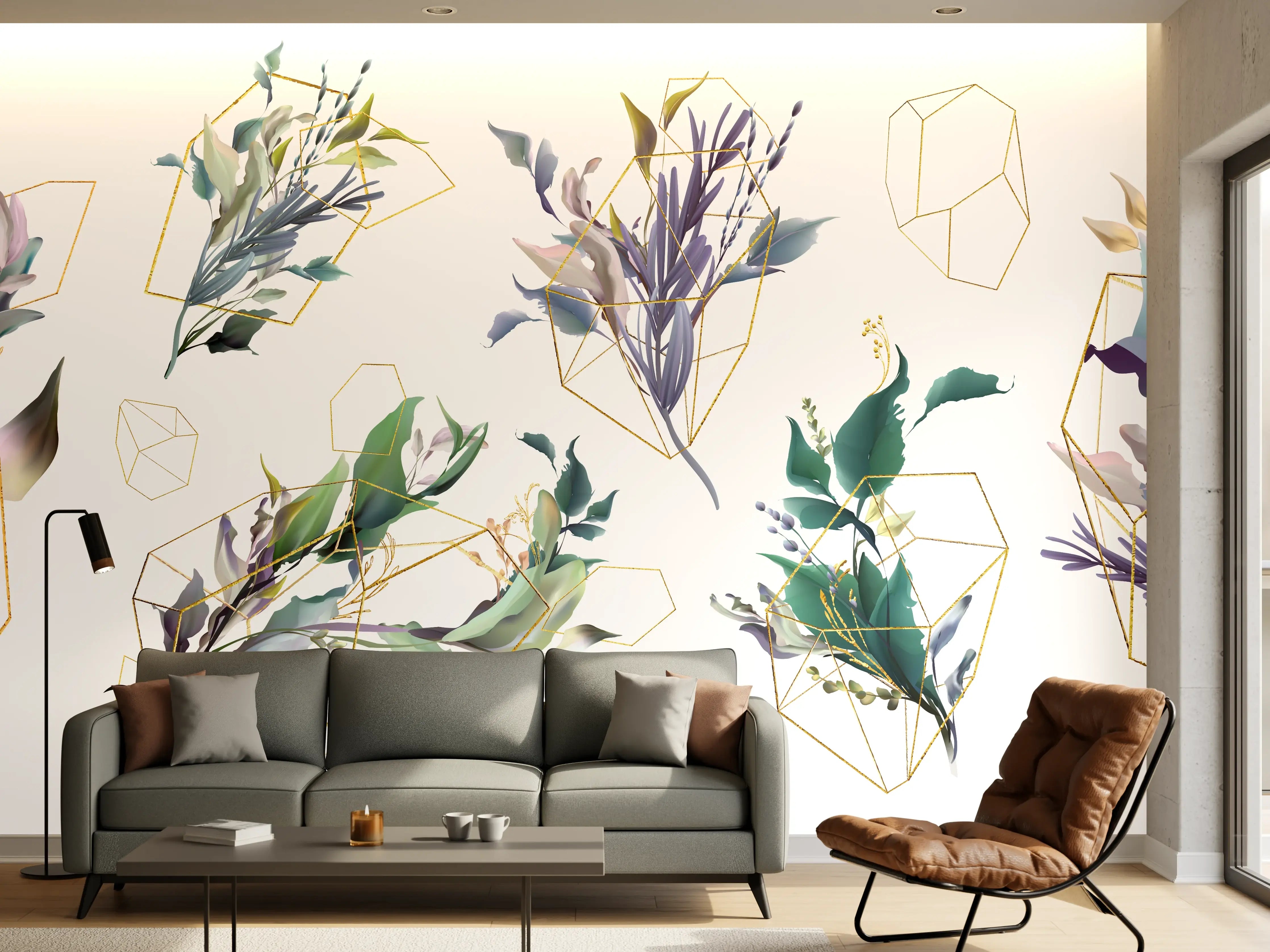Wandverkleidung Wohnzimmer - Geometrisch-Florales Kunstwerk