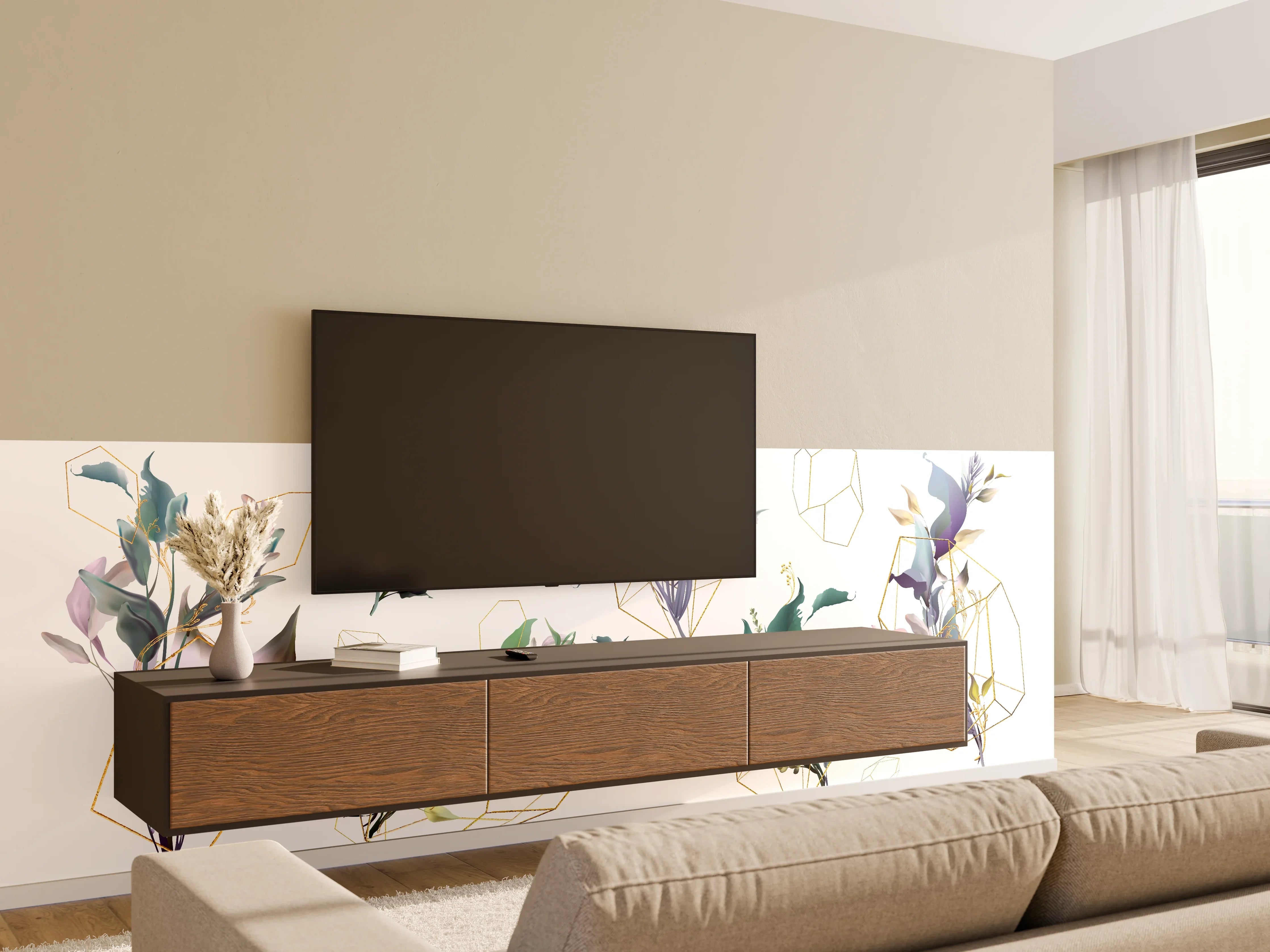 Wandverkleidung Wohnzimmer - Geometrisch-Florales Kunstwerk